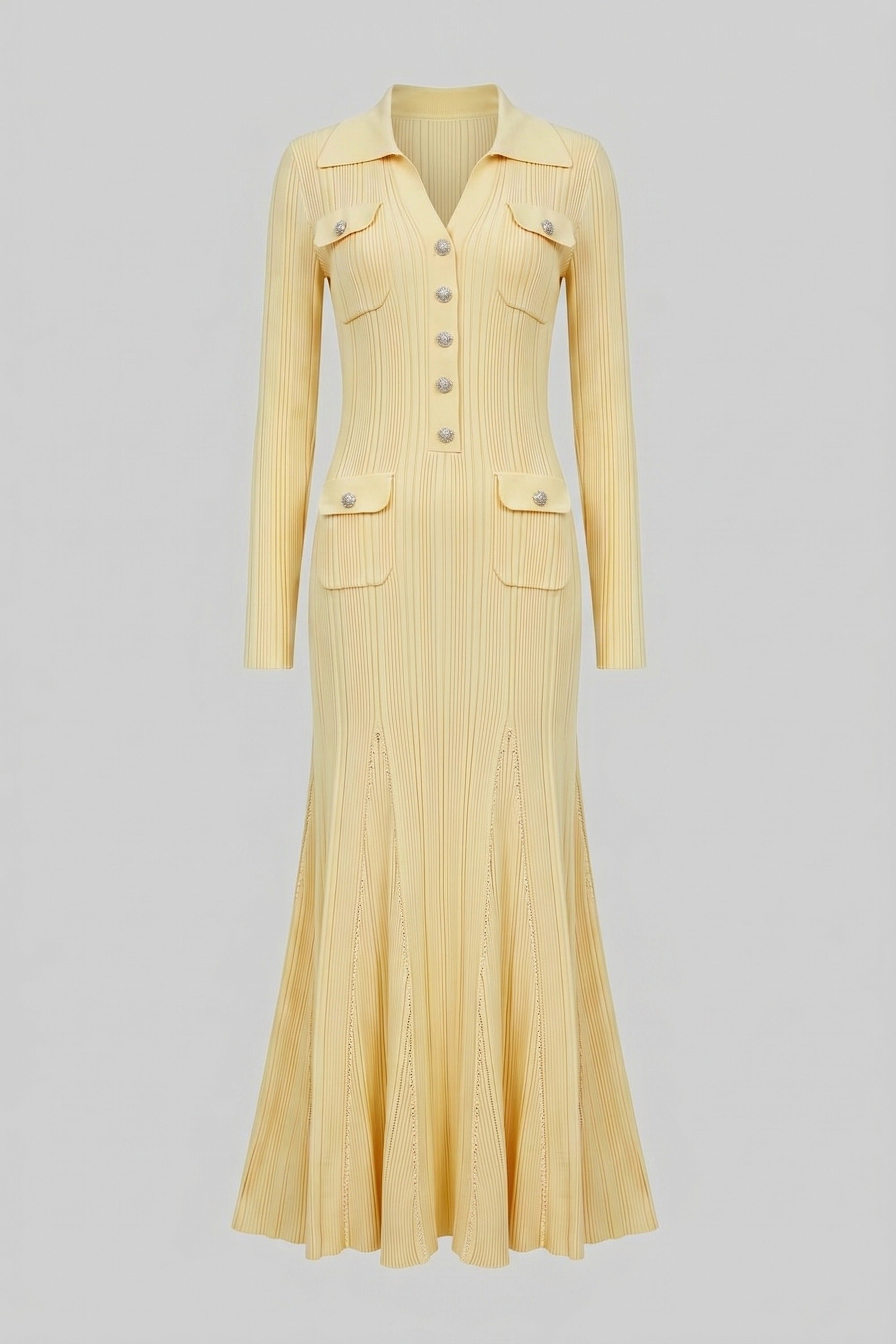 Long-Sleeve Button-Front Knit Maxi Dress With Patch Pockets - Yellow