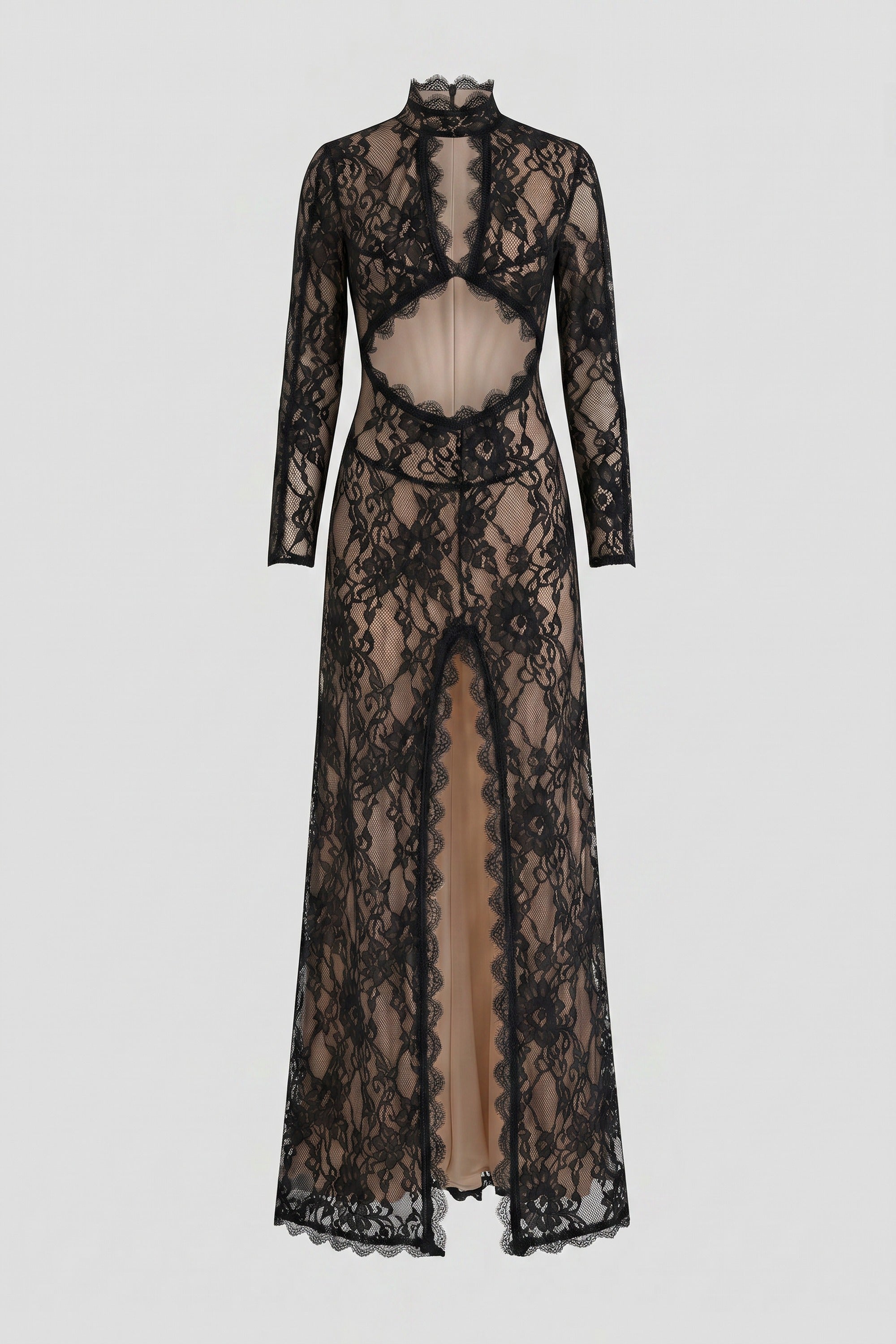 Elegant Lace Gown With High Neck, Front Cutout And Slit - Black