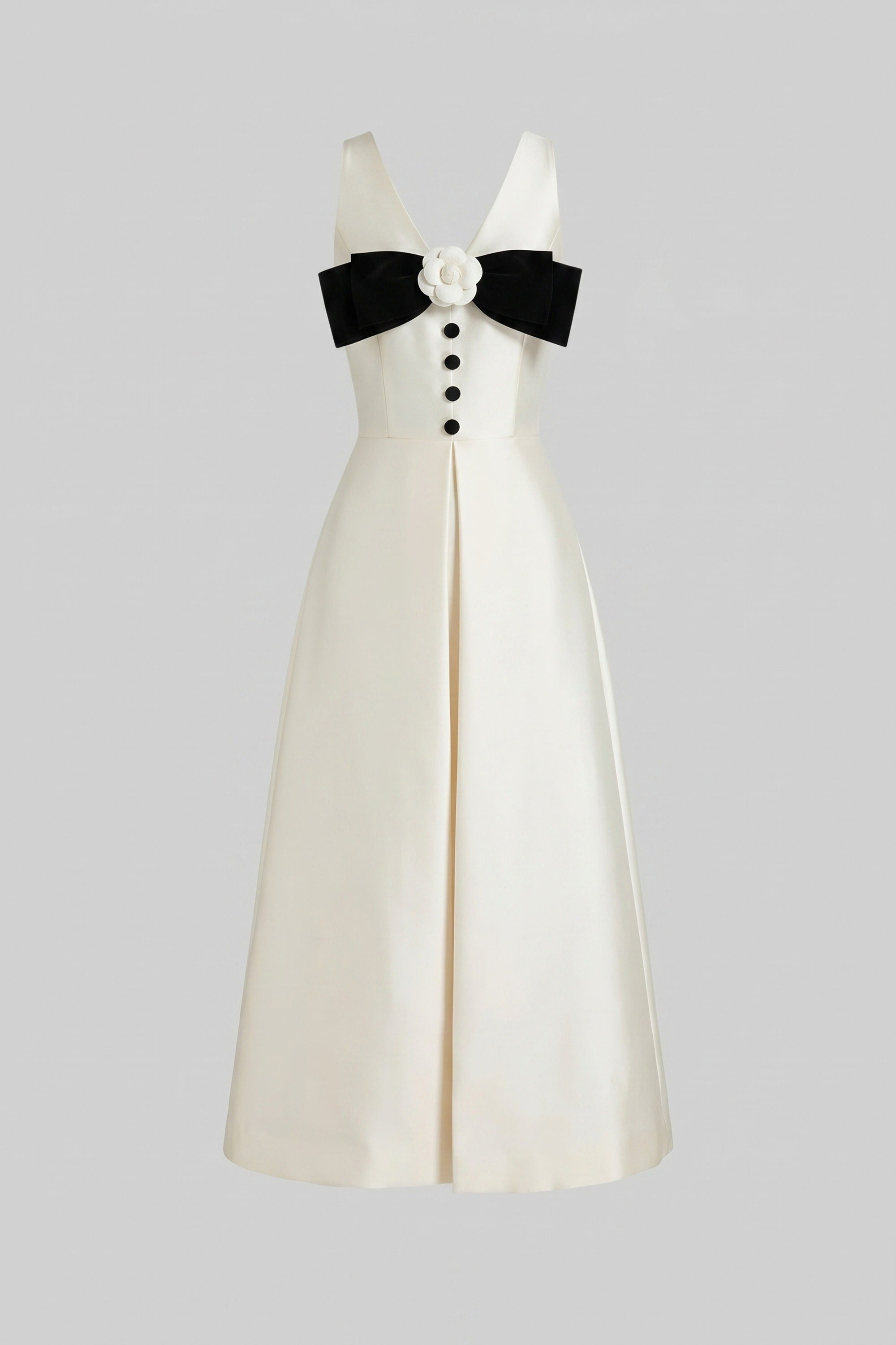 Halter Neck Maxi Dress With Black Bow Bustline And Button Front - White