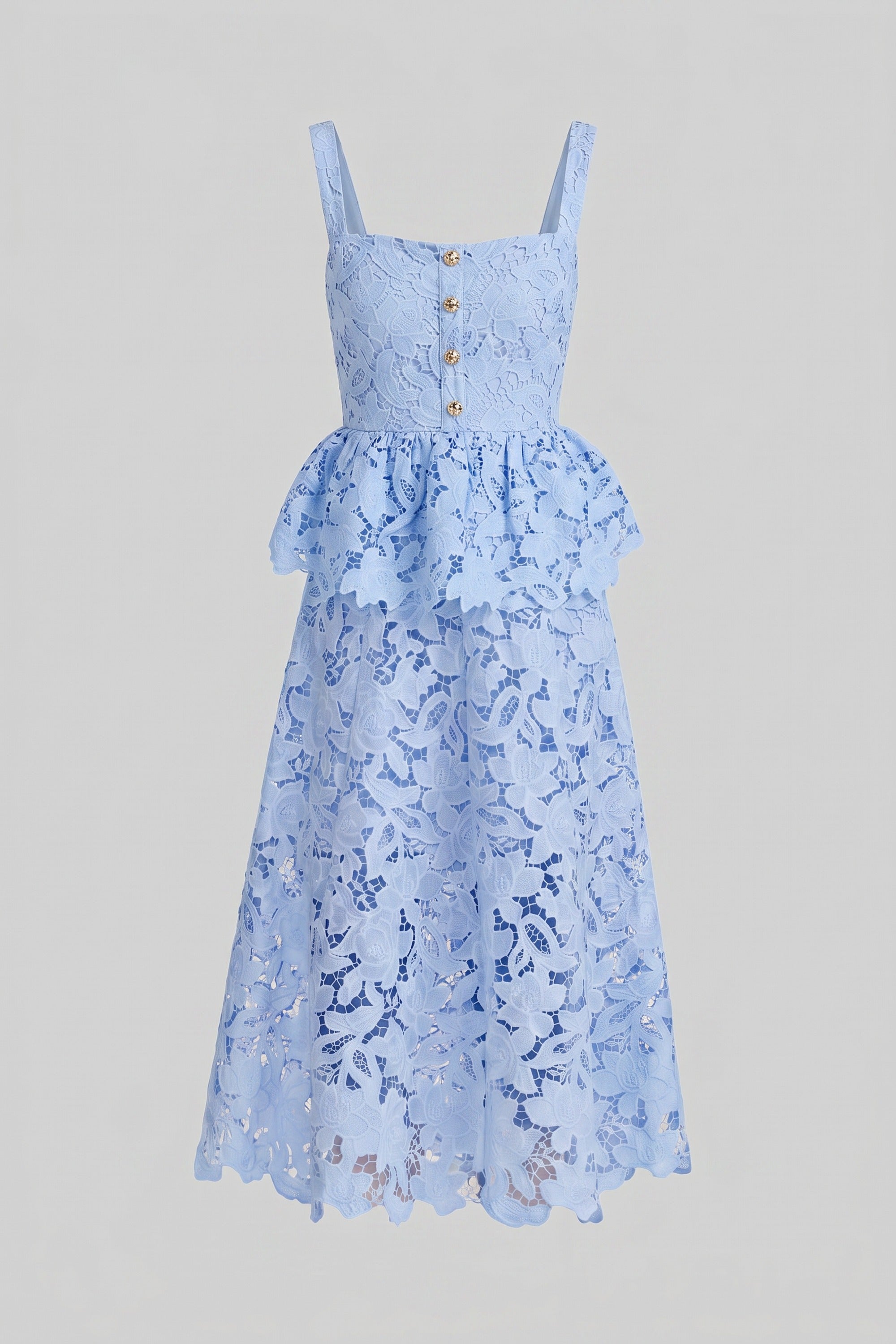 Sleeveless Lace Peplum Dress With Midi Skirt And Golden Buttons - Blue