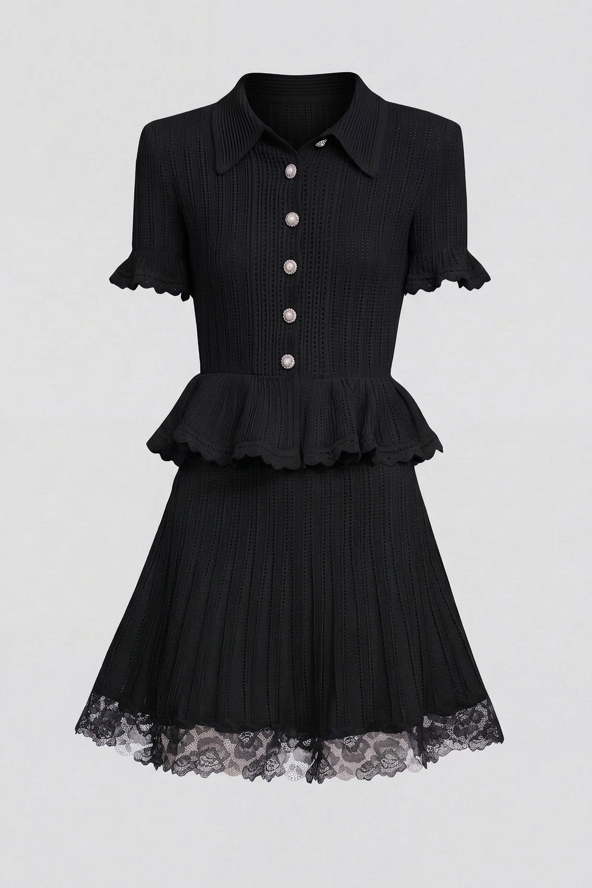 Polo-Collar with Button Top and Mini Skirt Set - Black