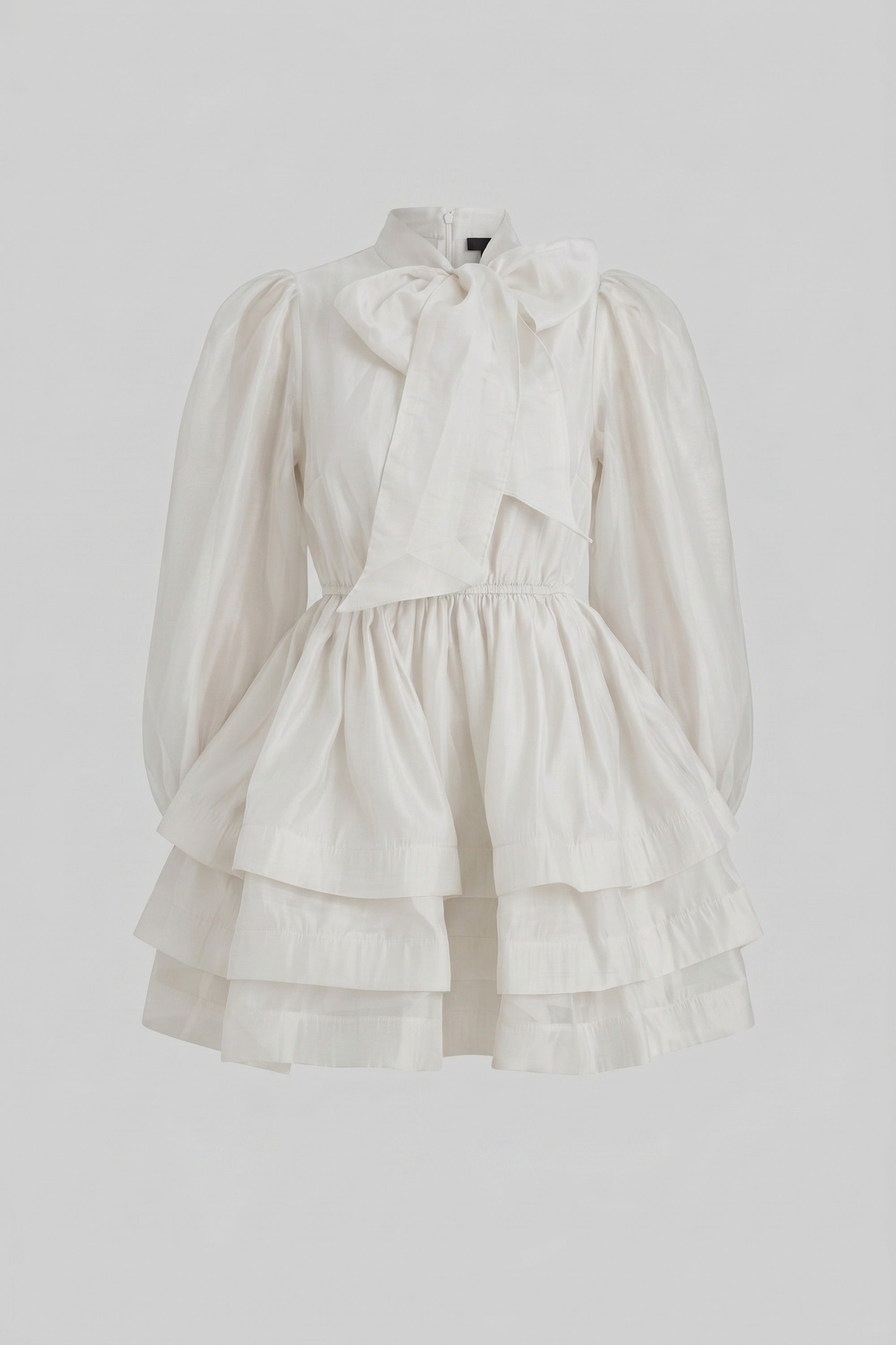 High-Neck Puff-Sleeve Mini Dress With Tiered Ruffle Skirt And Bow - White