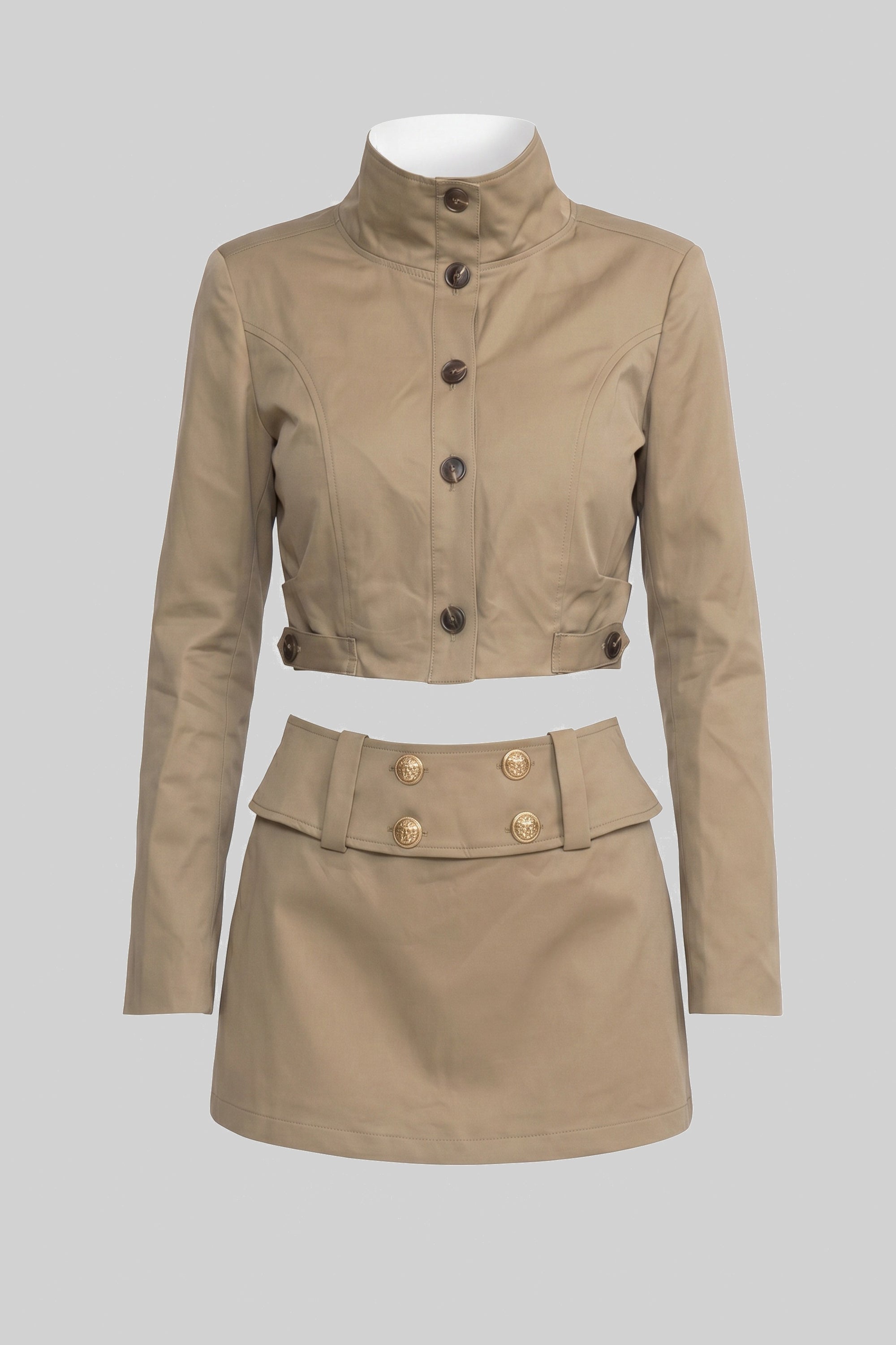 Double-Breasted Cropped Jacket And Mini Skirt Co-Ord Set - Khaki