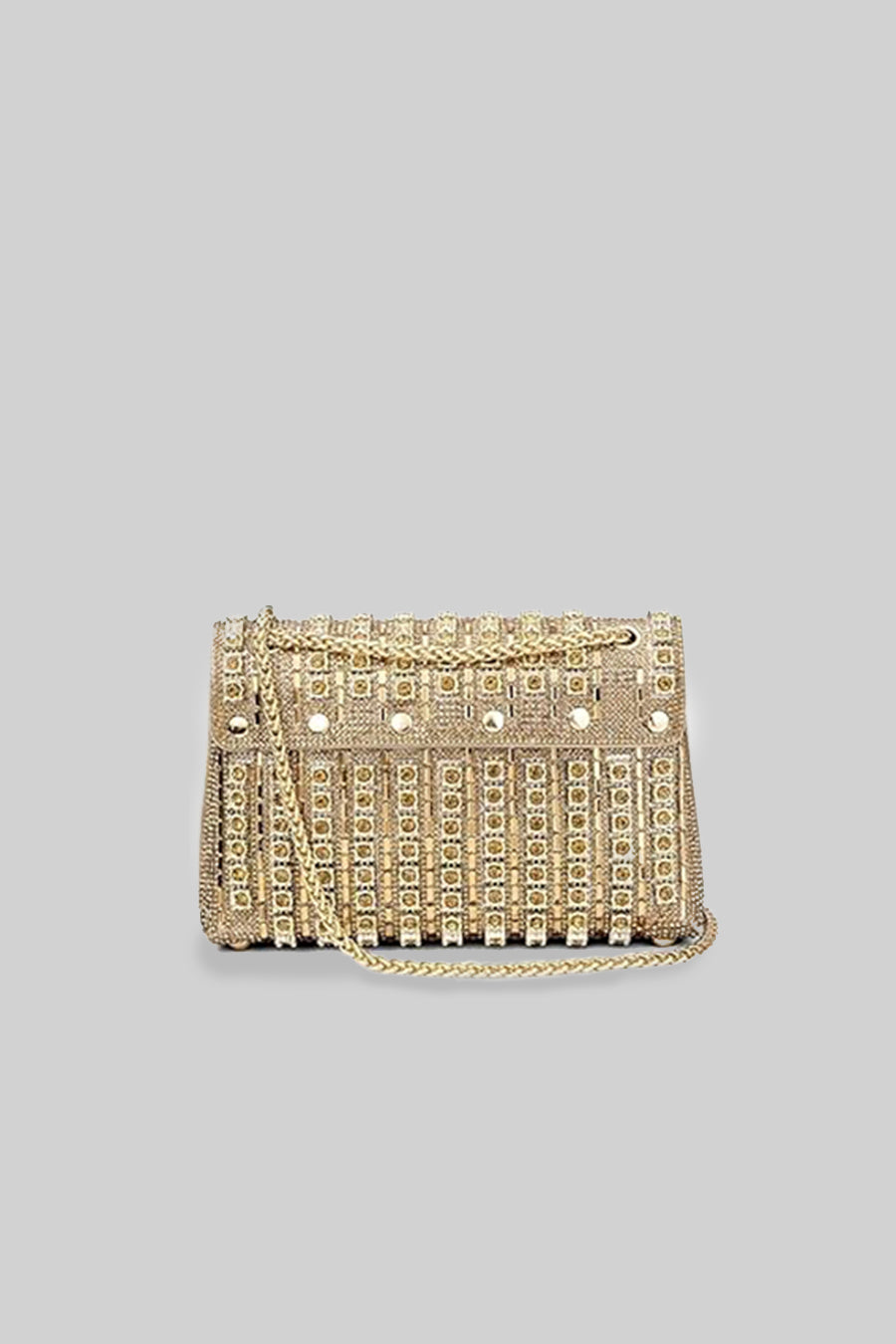 Glistening Woven Handbag With Shimmering Rhinestone Embellishments - Gold