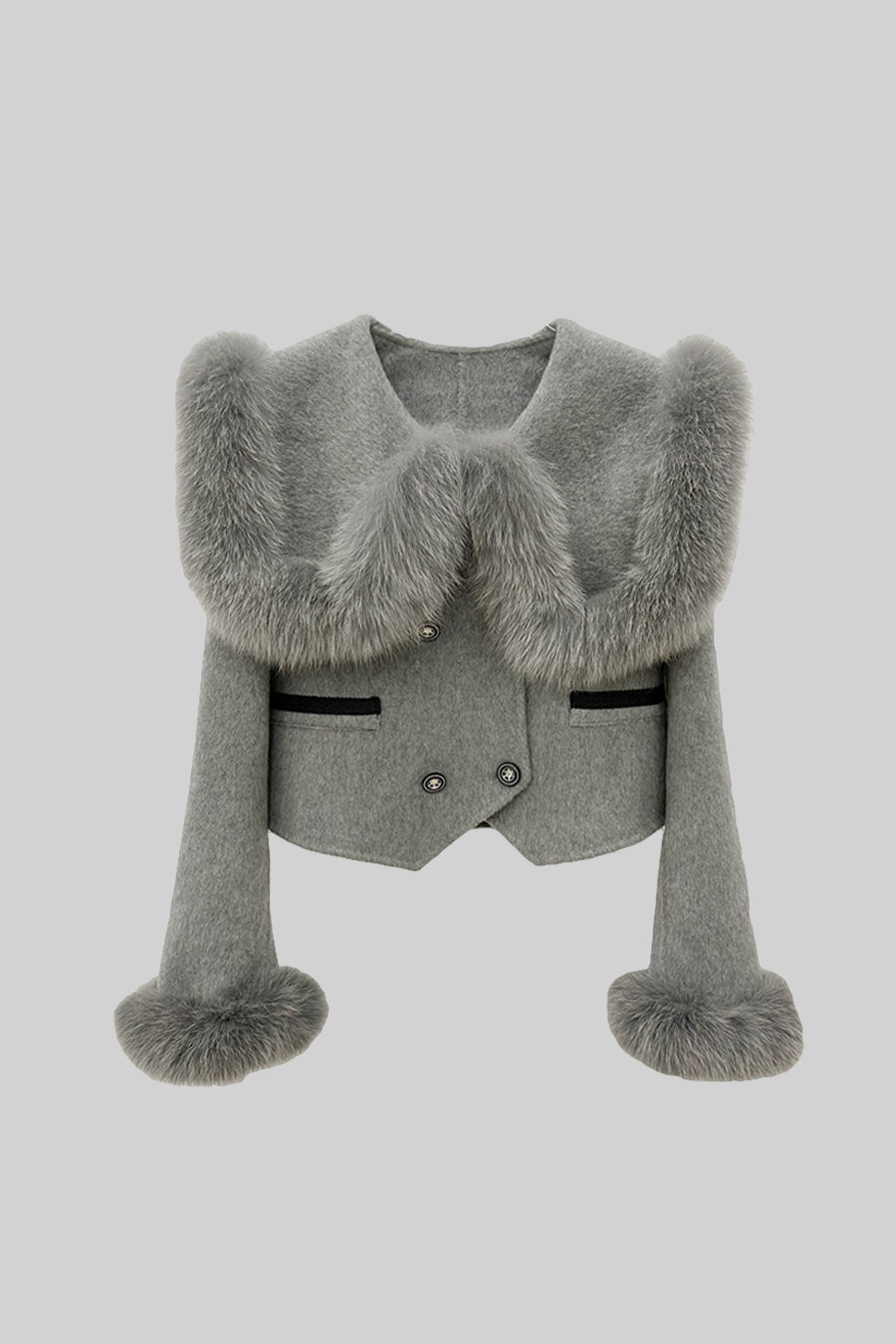 Double Breasted Cropped Jacket With Fur Collar Embellishment - Gray