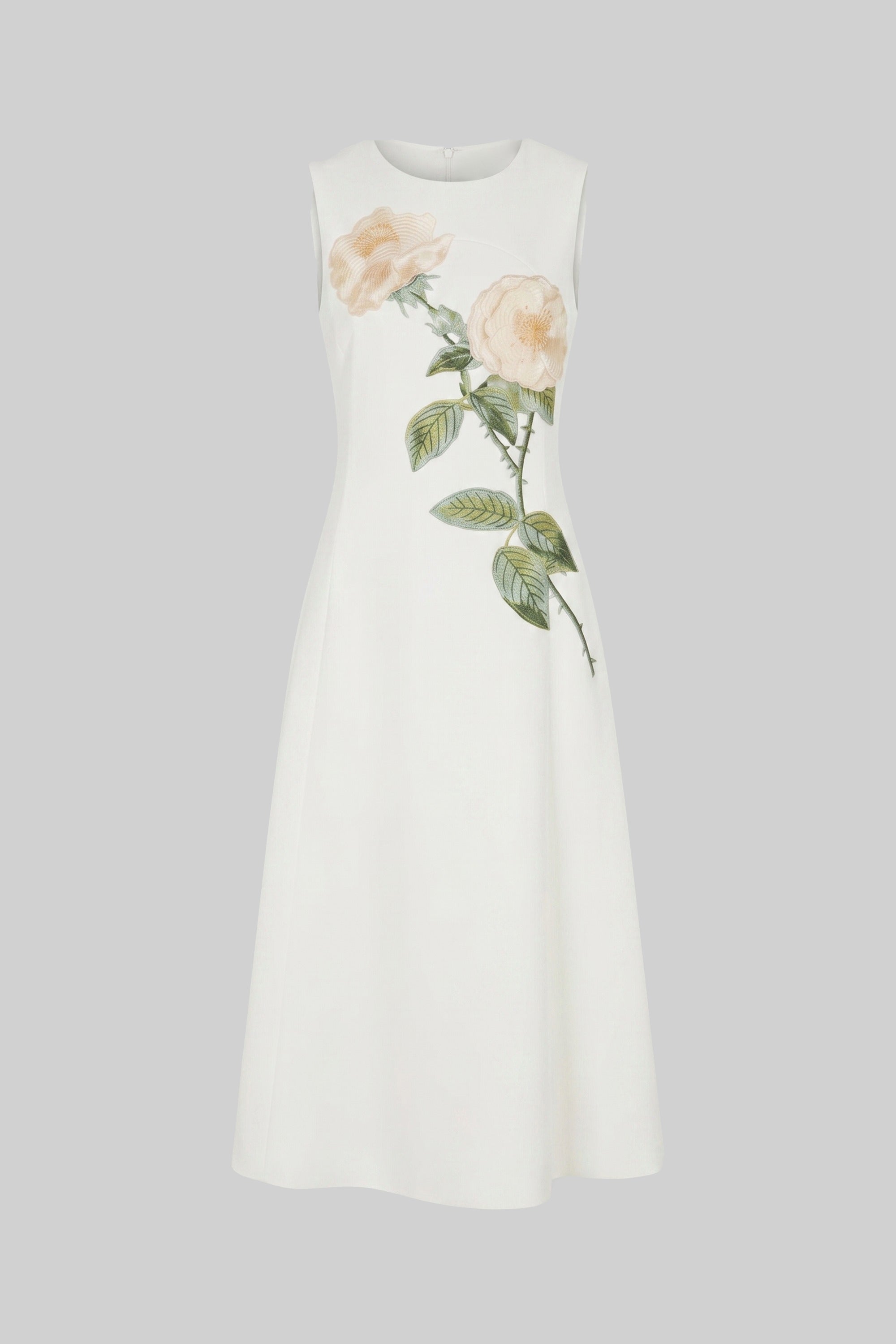Sleeveless Midi Dress With 3D Floral Appliqué And Full Skirt - White