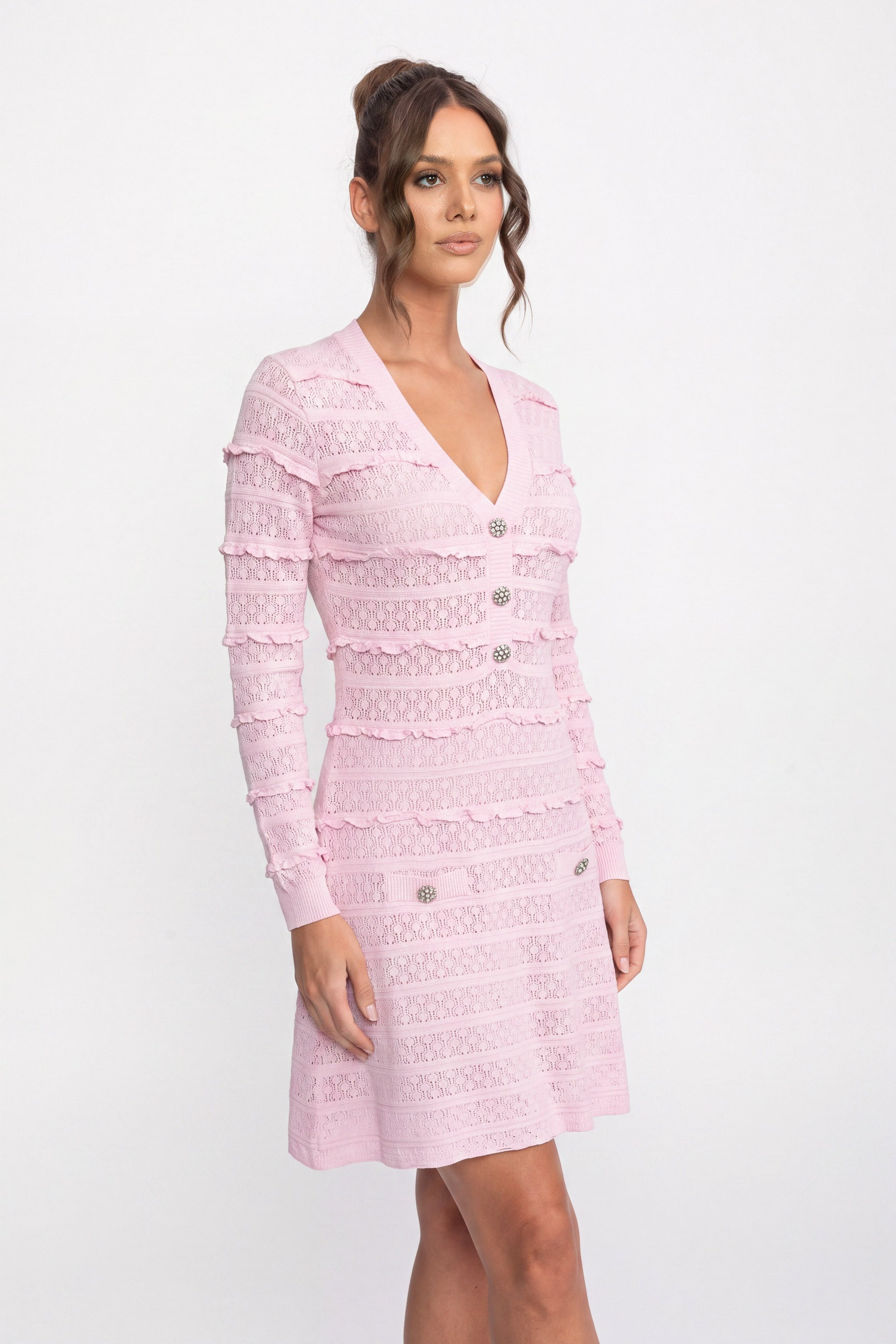 Button Front Knit Fit And Flare Dress With Crystal Buttons - Pink