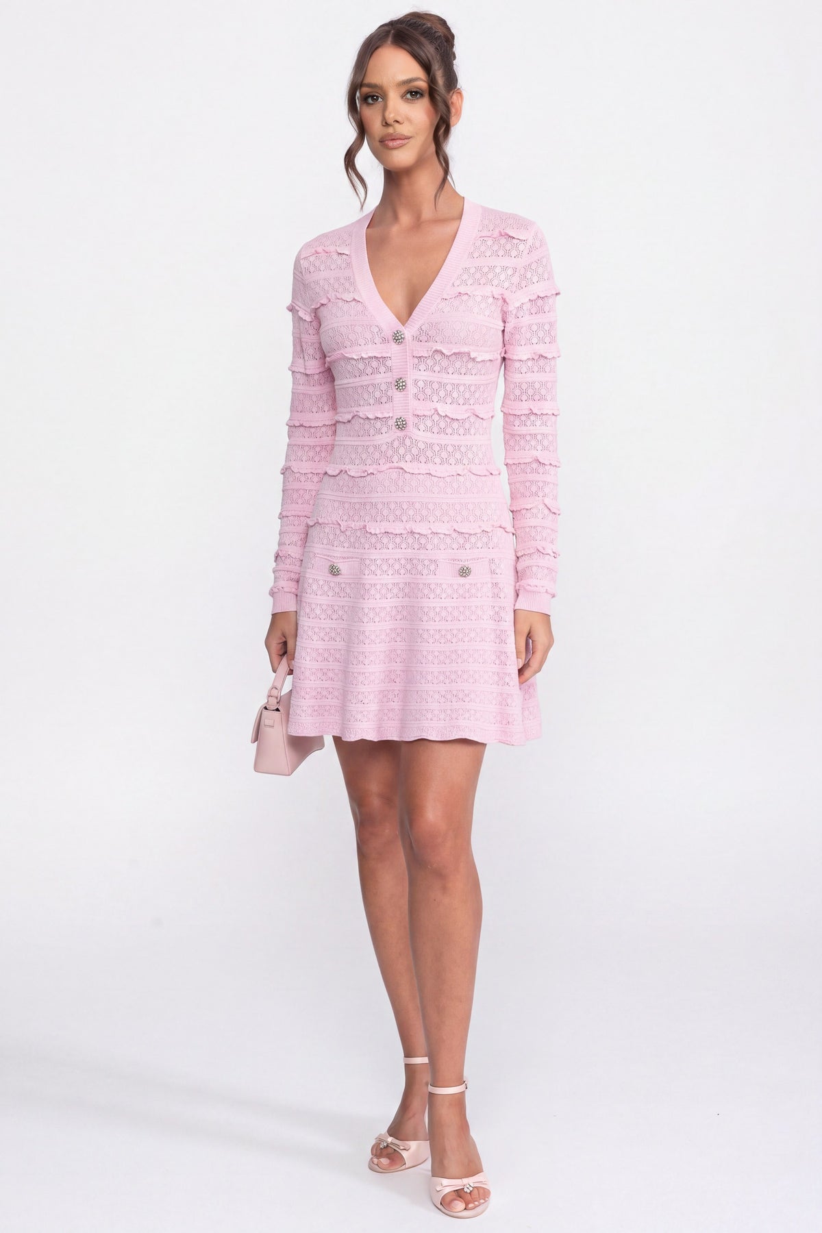 Button Front Knit Fit And Flare Dress With Crystal Buttons - Pink