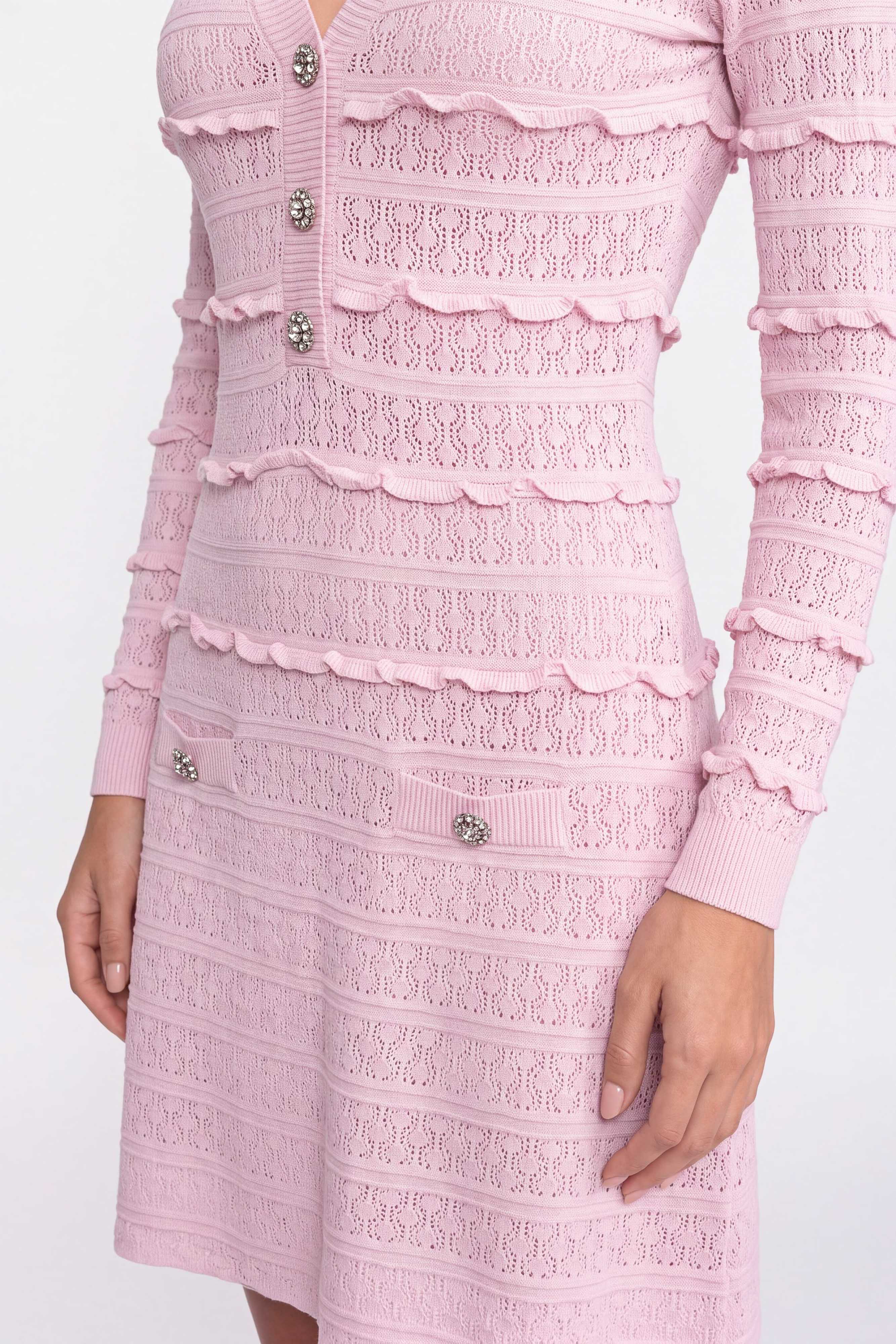 Button Front Knit Fit And Flare Dress With Crystal Buttons - Pink