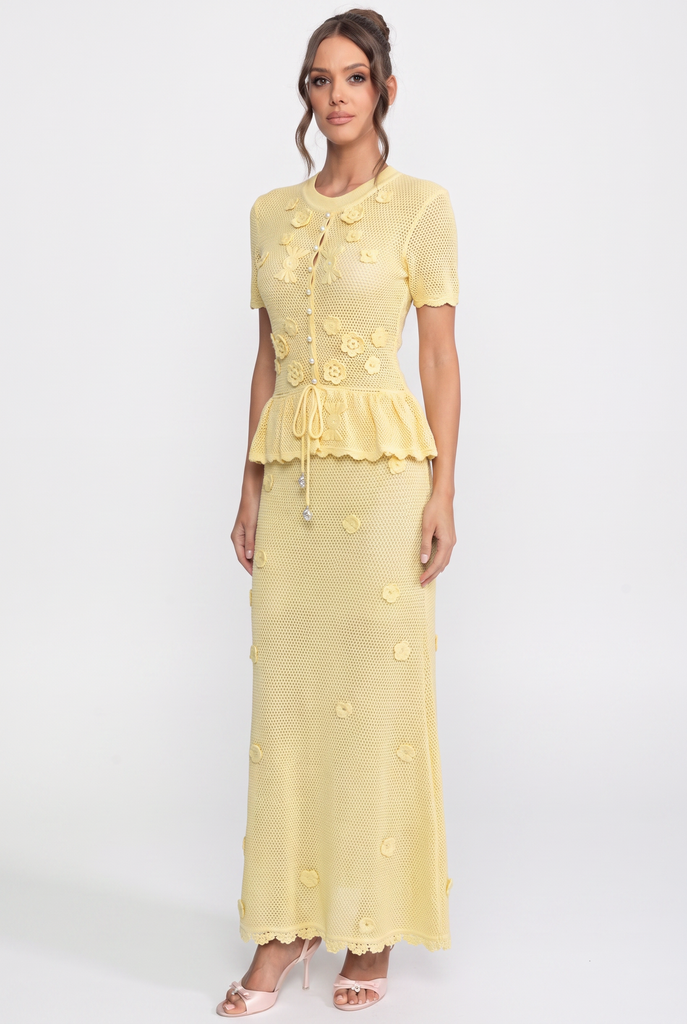 Floral Crochet Peplum Maxi Dress With Drawstring Waist - Yellow