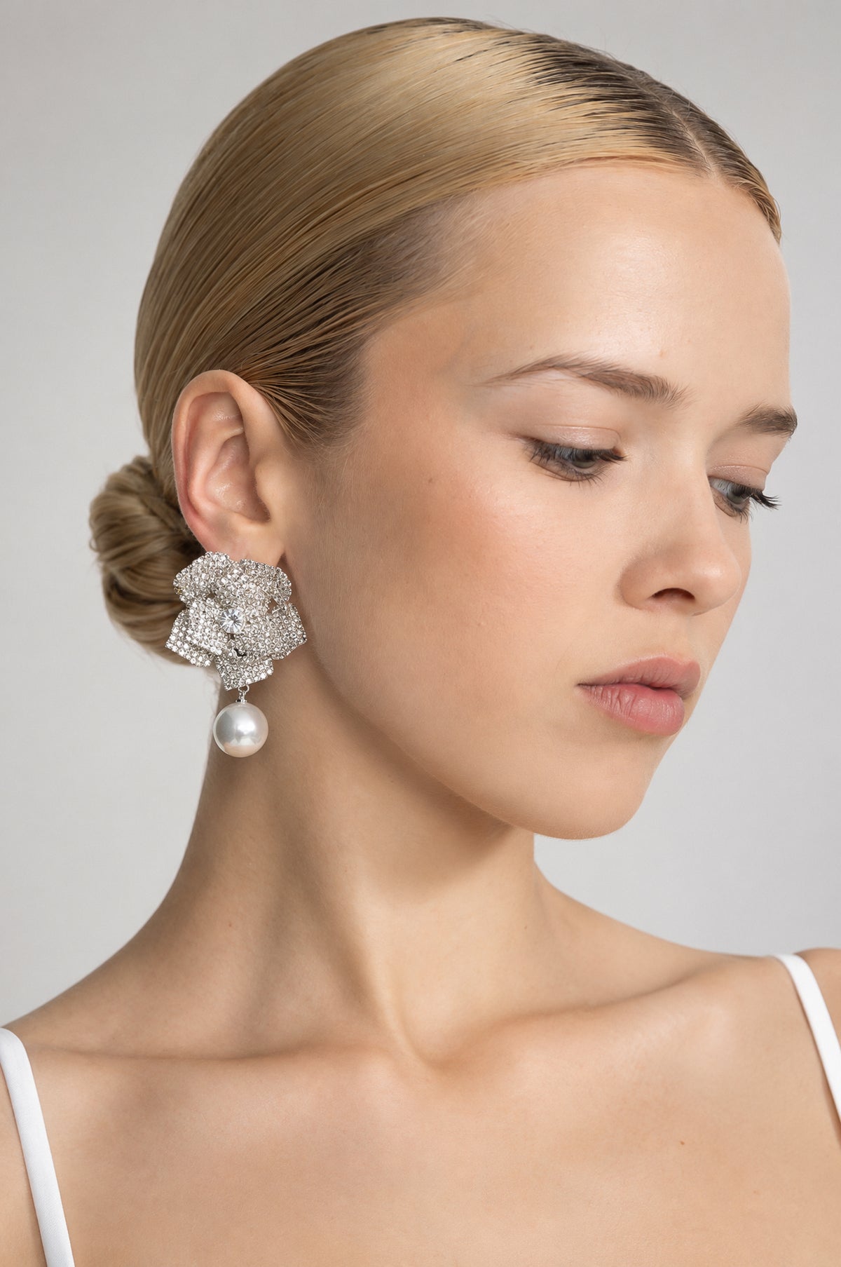 Crystal Camellia Pearl Drop Earrings - Silver