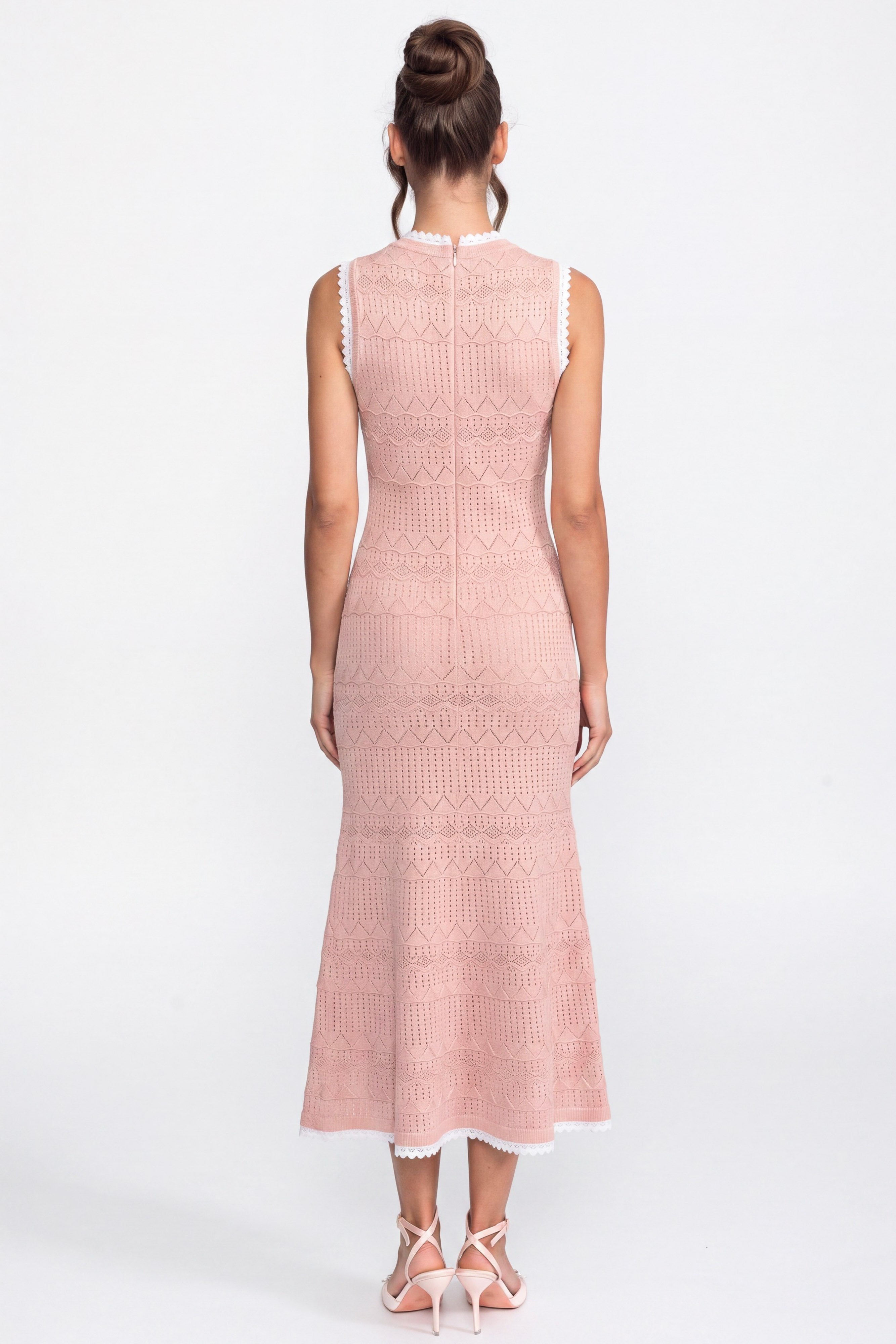 Crochet Knit Midi Dress With Black Trim And Bow - Pink