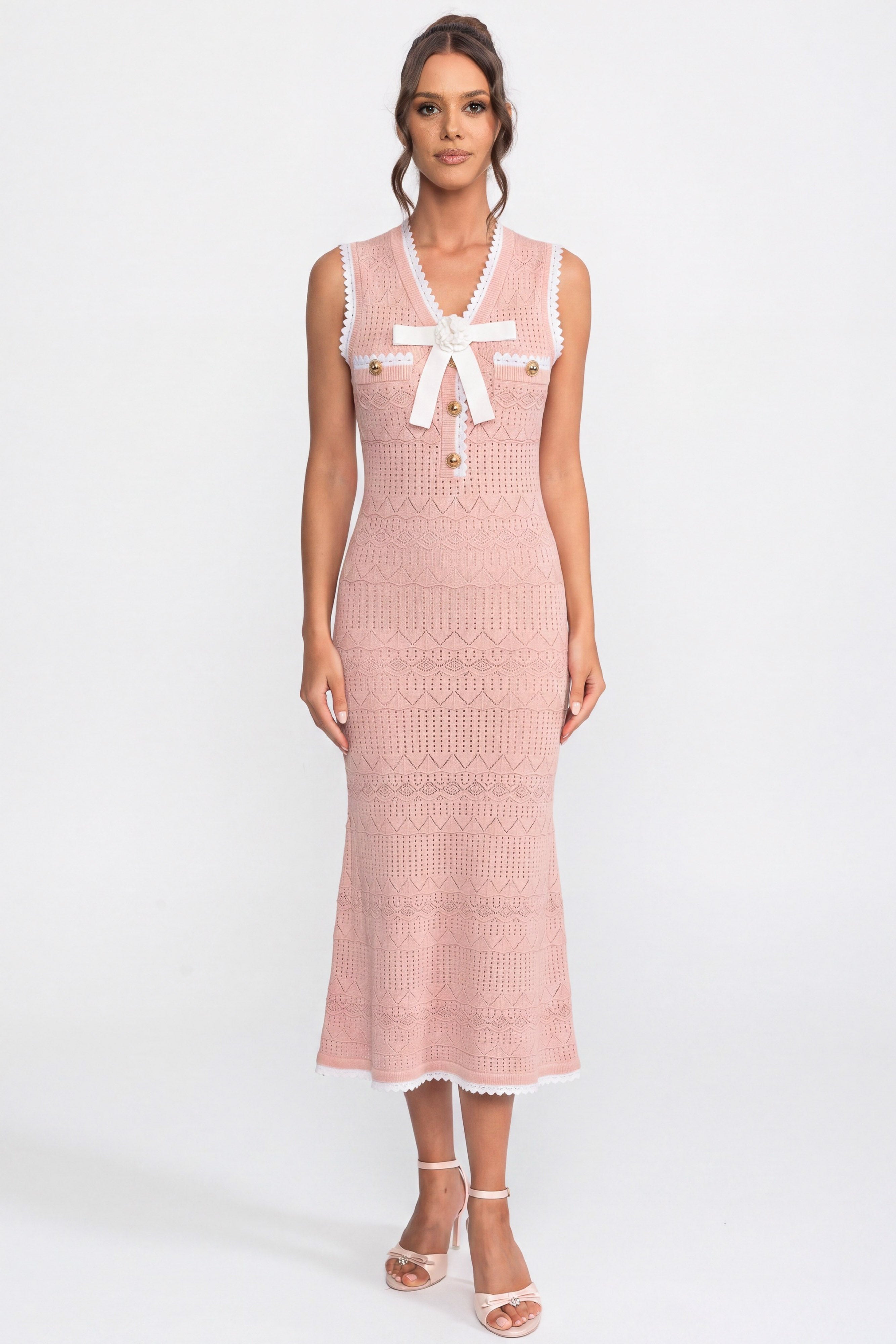 mahila crochet knit midi dress With Black Trim And Bow Anthropologie