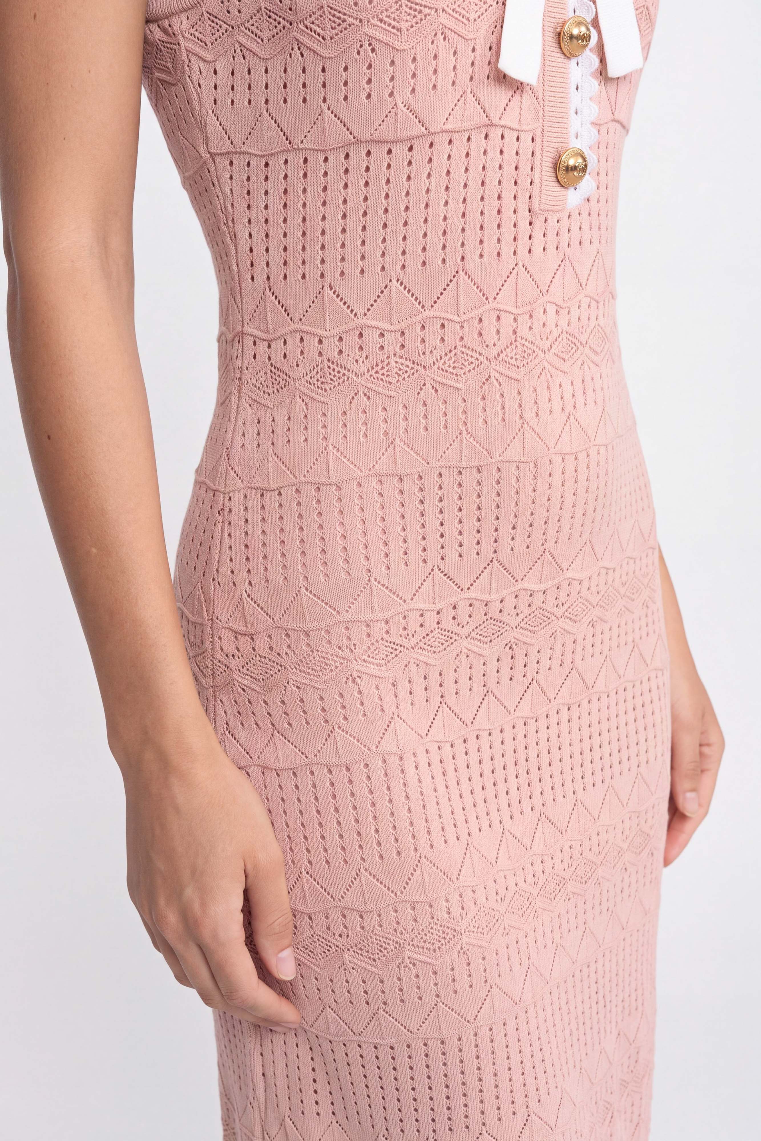 Crochet Knit Midi Dress With Black Trim And Bow - Pink