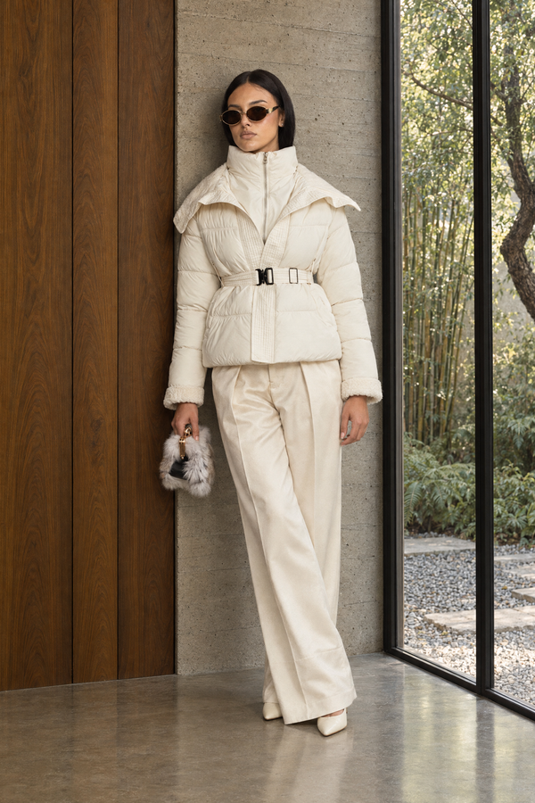 Belted Puffer Jacket with Teddy Collar - Ivoire