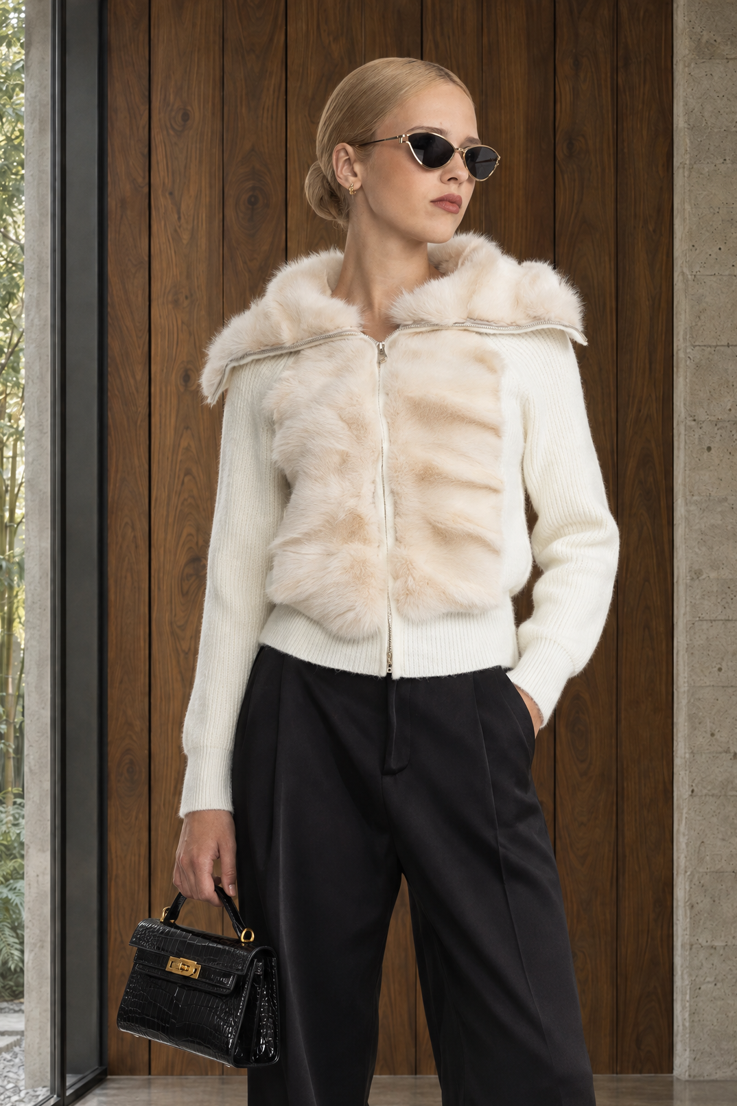 Rabbit Fur Panel Knit Zip Cardigan - Ivoire
