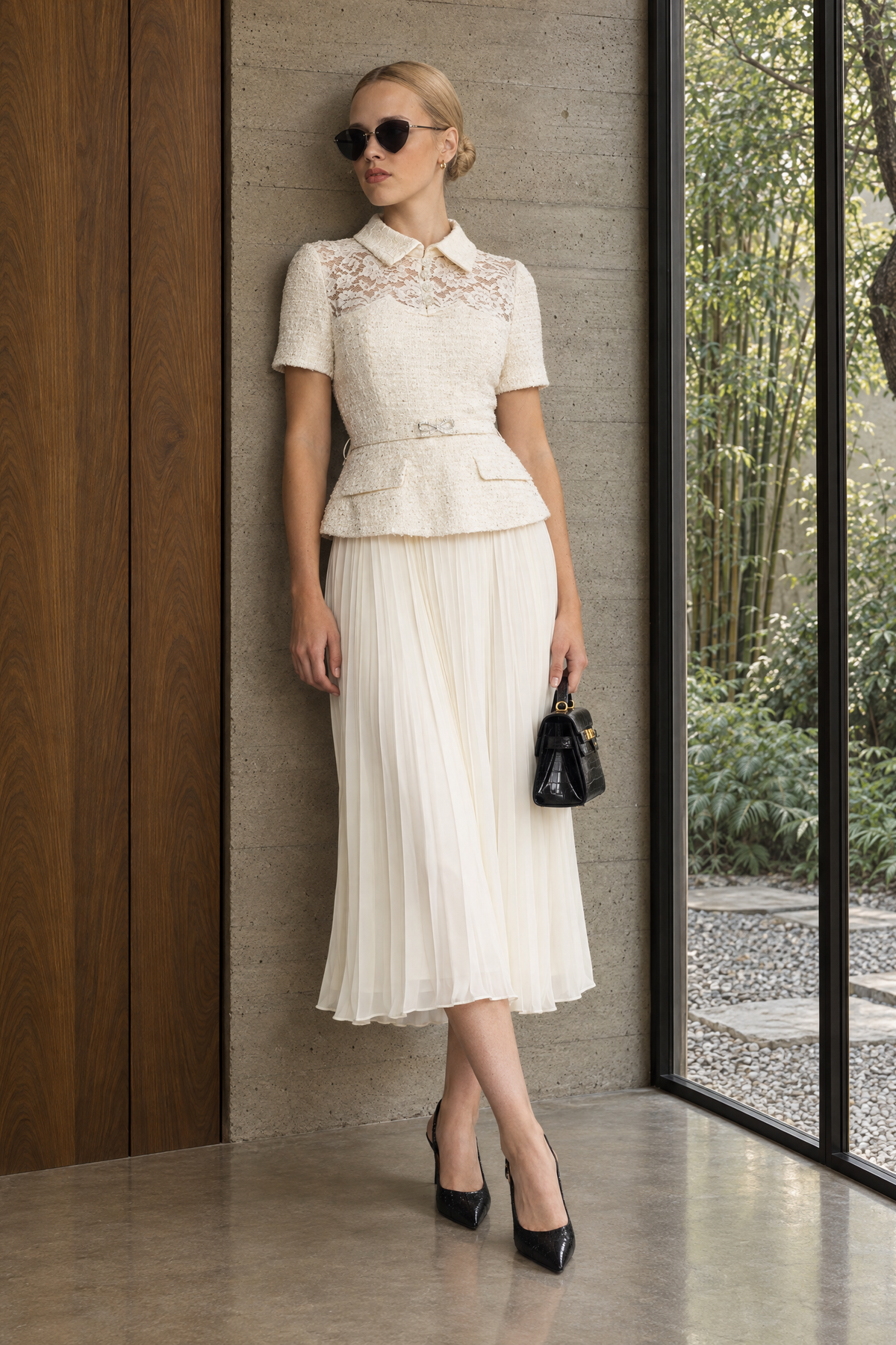 Lace Yoke Tweed Peplum Dress with Pleated Skirt - Ivoire