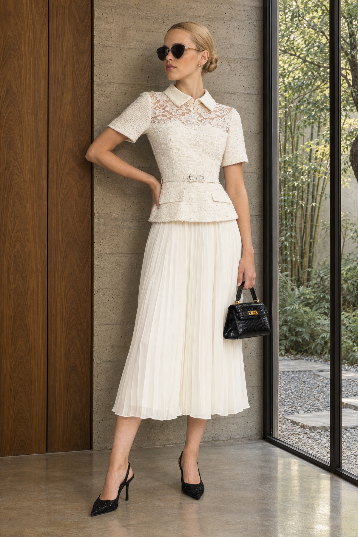 Lace Yoke Tweed Peplum Dress with Pleated Skirt - Ivoire