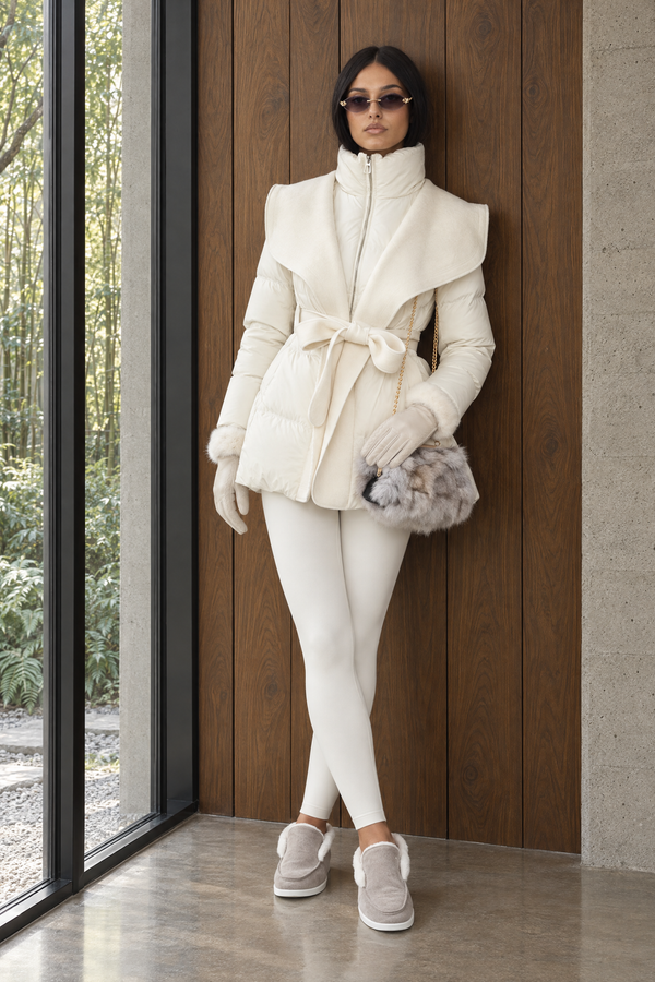 Draped Collar Belted Down Jacket - Ivoire