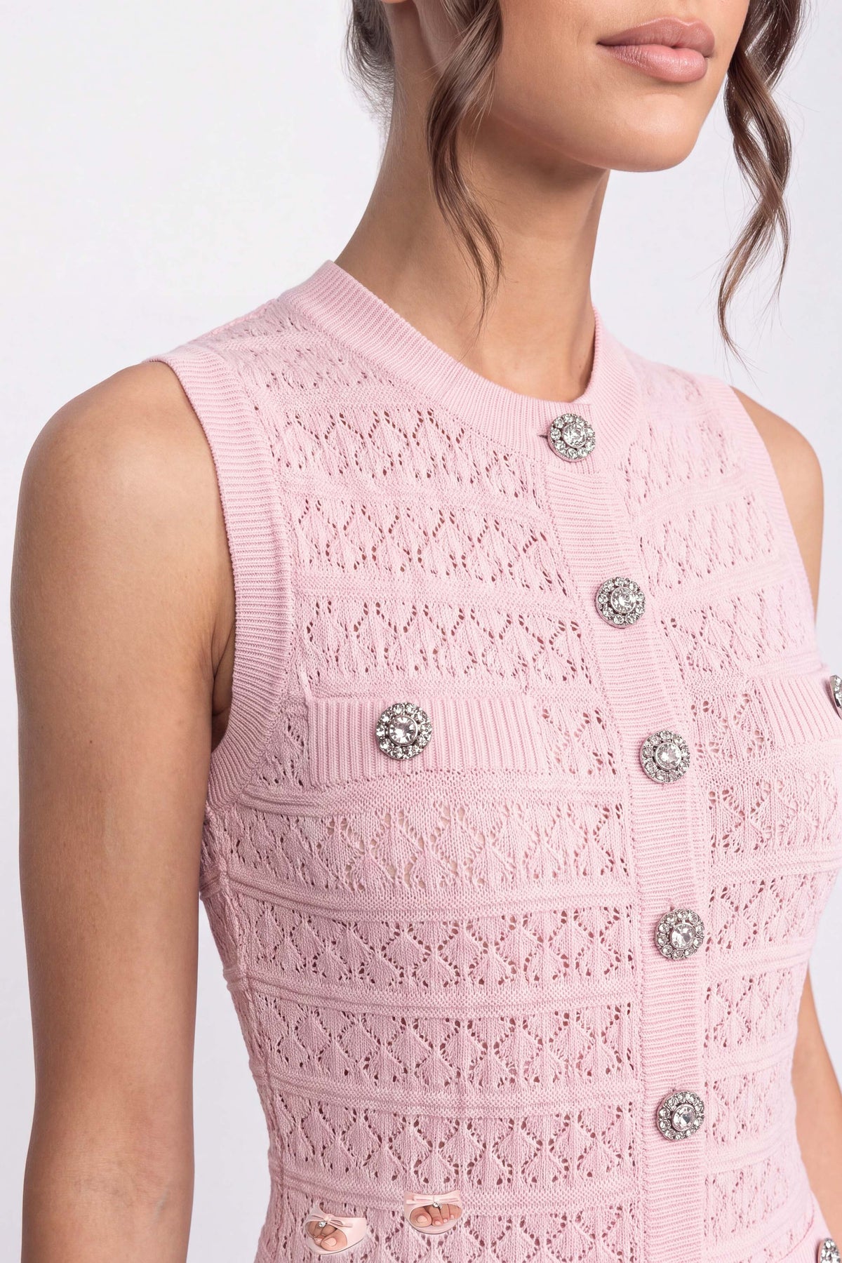 Button Front Knit Mini Dress With Round Neckline - Pink