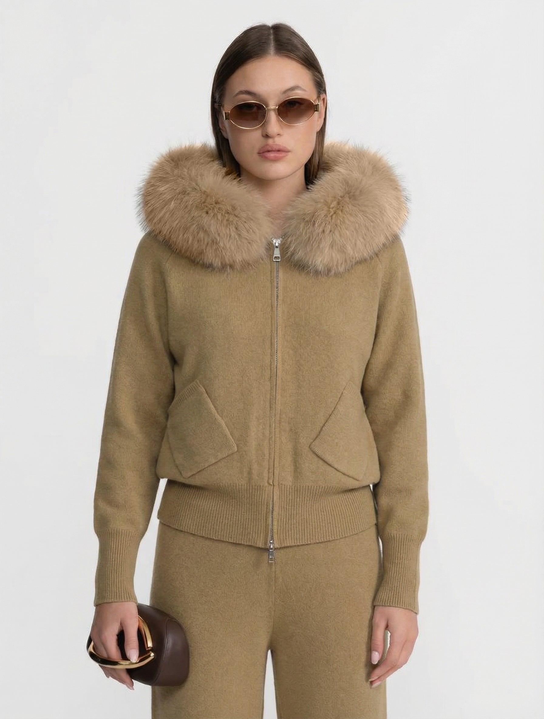 Zip-Up Wool Hoodie With Fox Fur Collar – Khaki