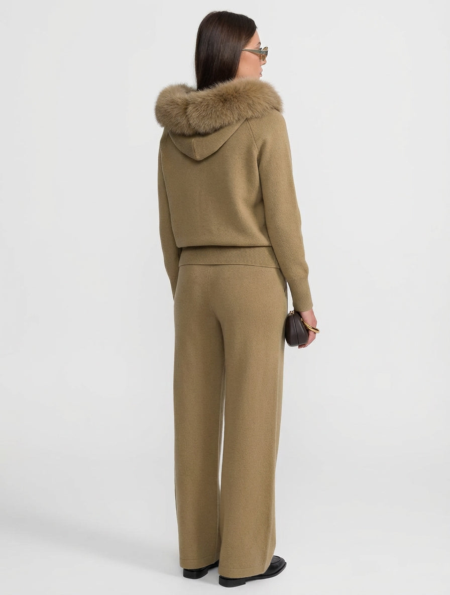 Zip-Up Wool Hoodie With Fox Fur Collar – Khaki
