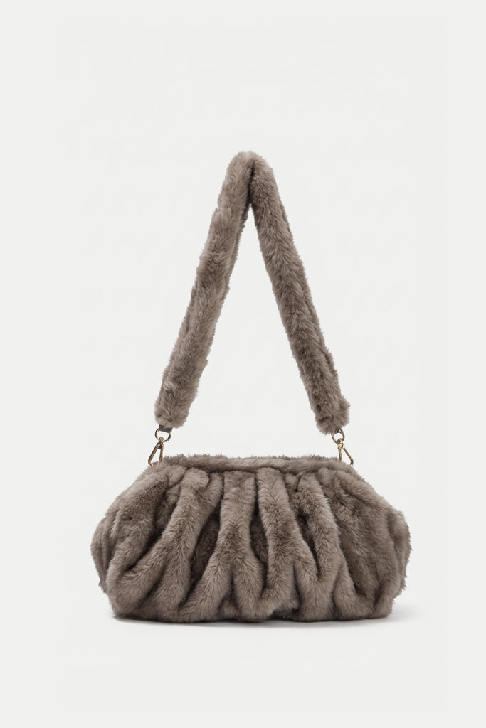 Faux Fur Shoulder Bag with Ruched Design – Khaki