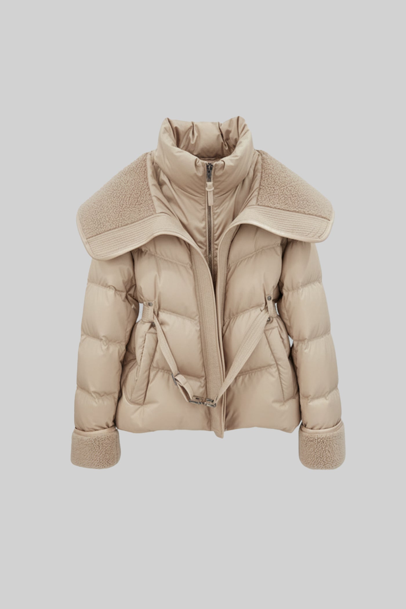 Puffer Jacket with Oversized Shearling Collar And Cuffs - Khaki