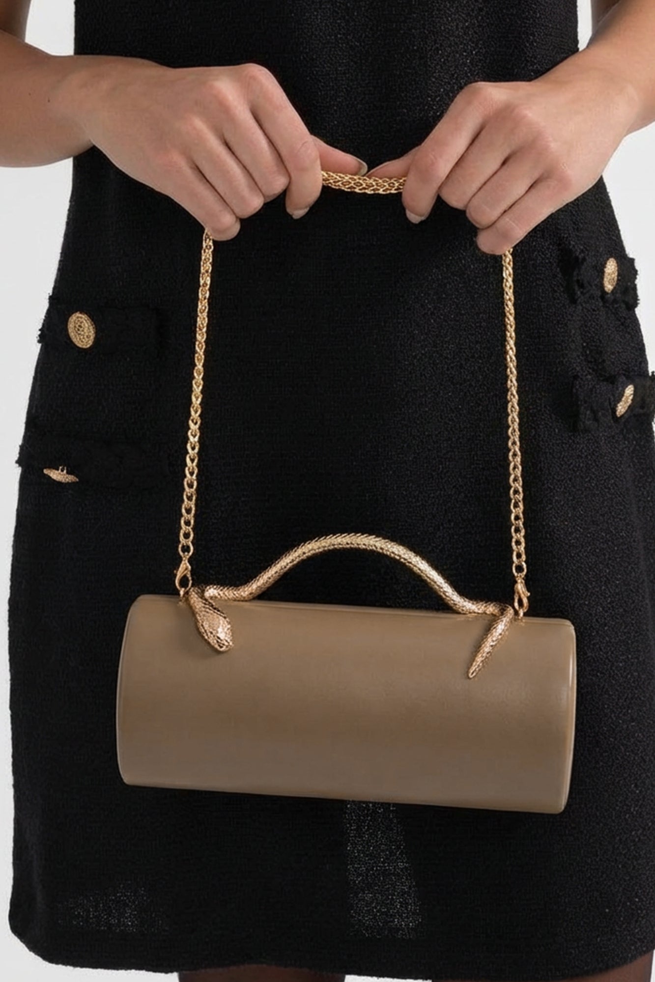 Structured Clutch Bag with Snake Handle And Gold Chain – Khaki