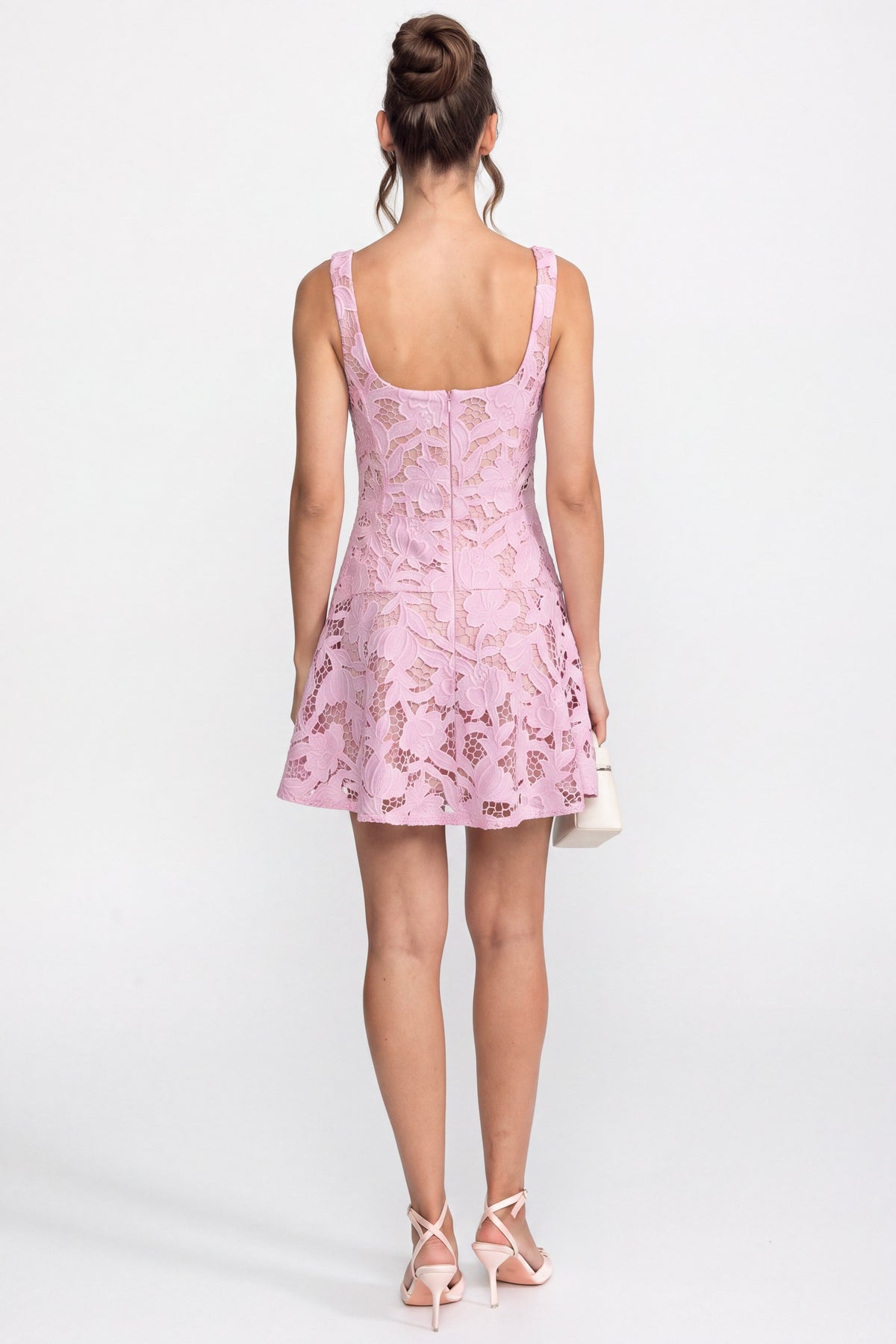 Floral Lace Mini Dress With Crystal Trim Waist - Pink
