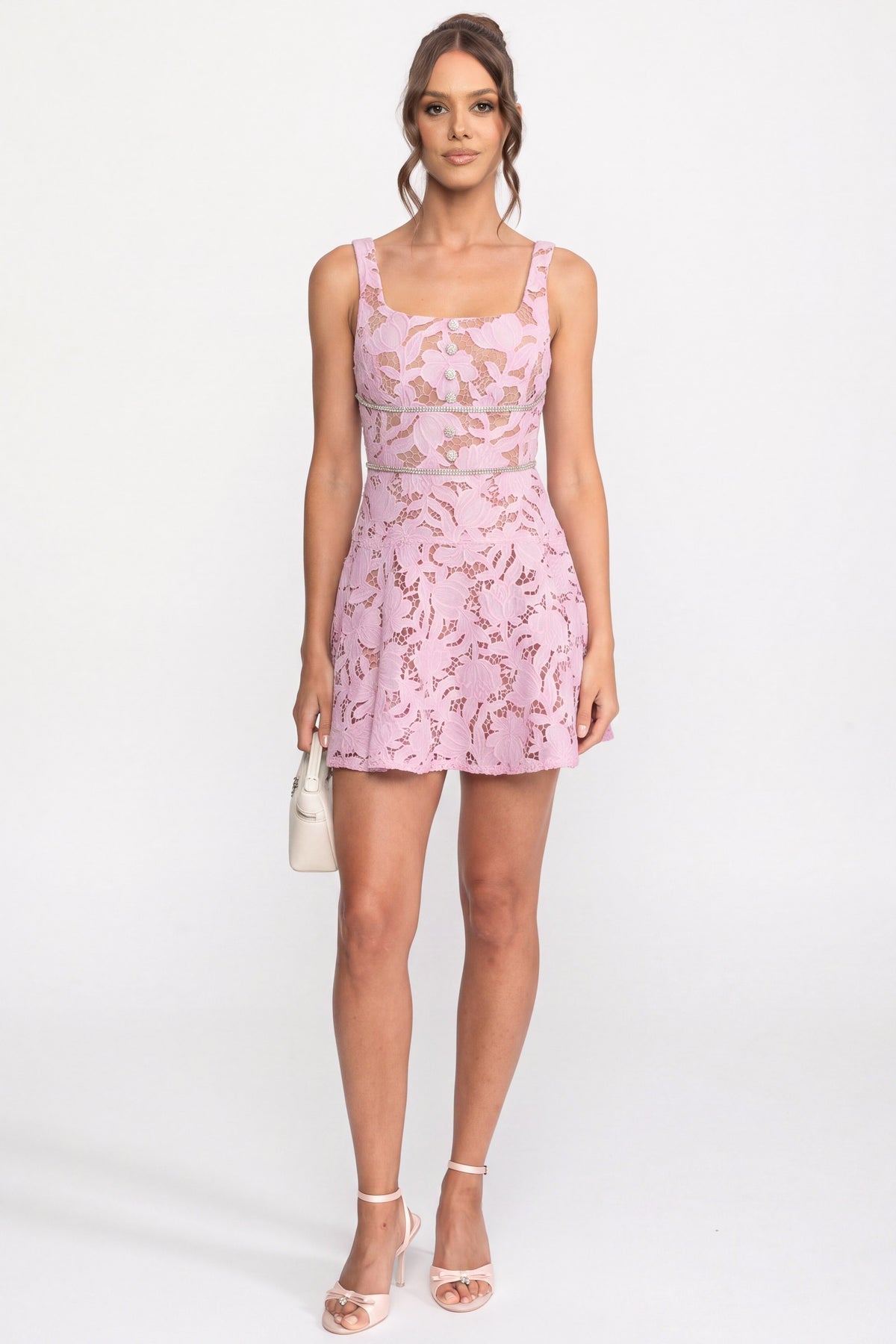 Floral Lace Mini Dress With Crystal Trim Waist - Pink
