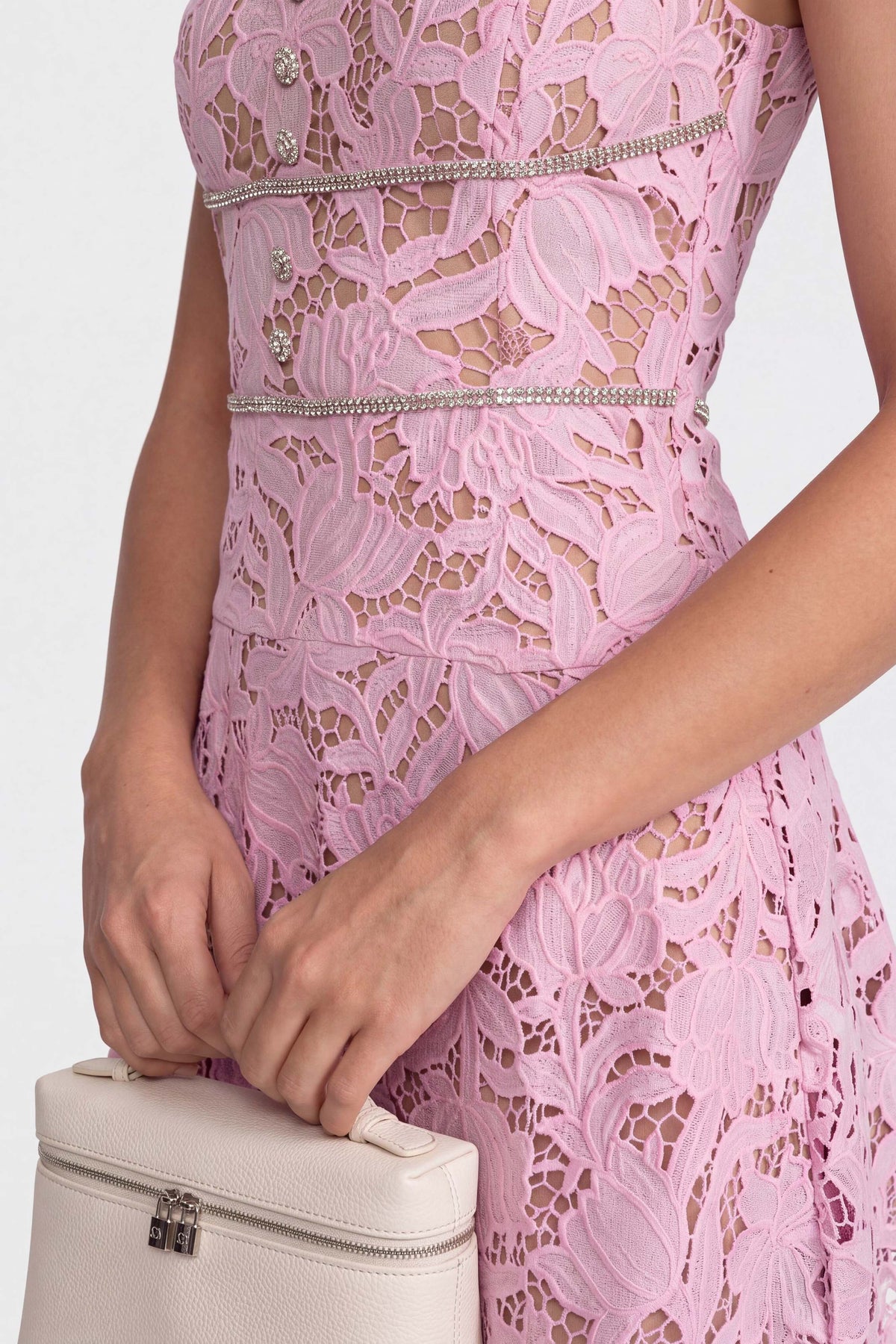 Floral Lace Mini Dress With Crystal Trim Waist - Pink