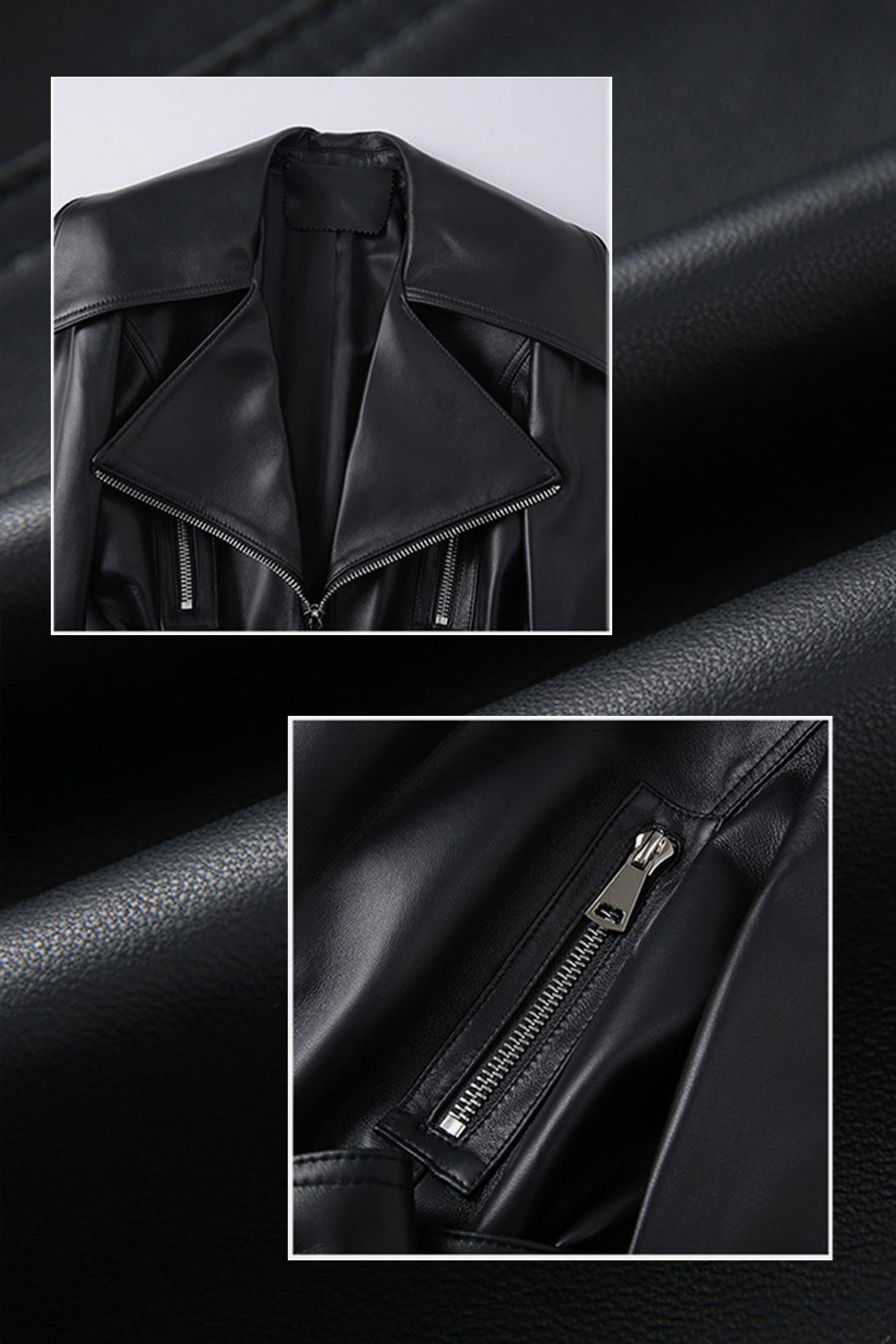 Wide Lapel Leather Jacket With Belt - Black