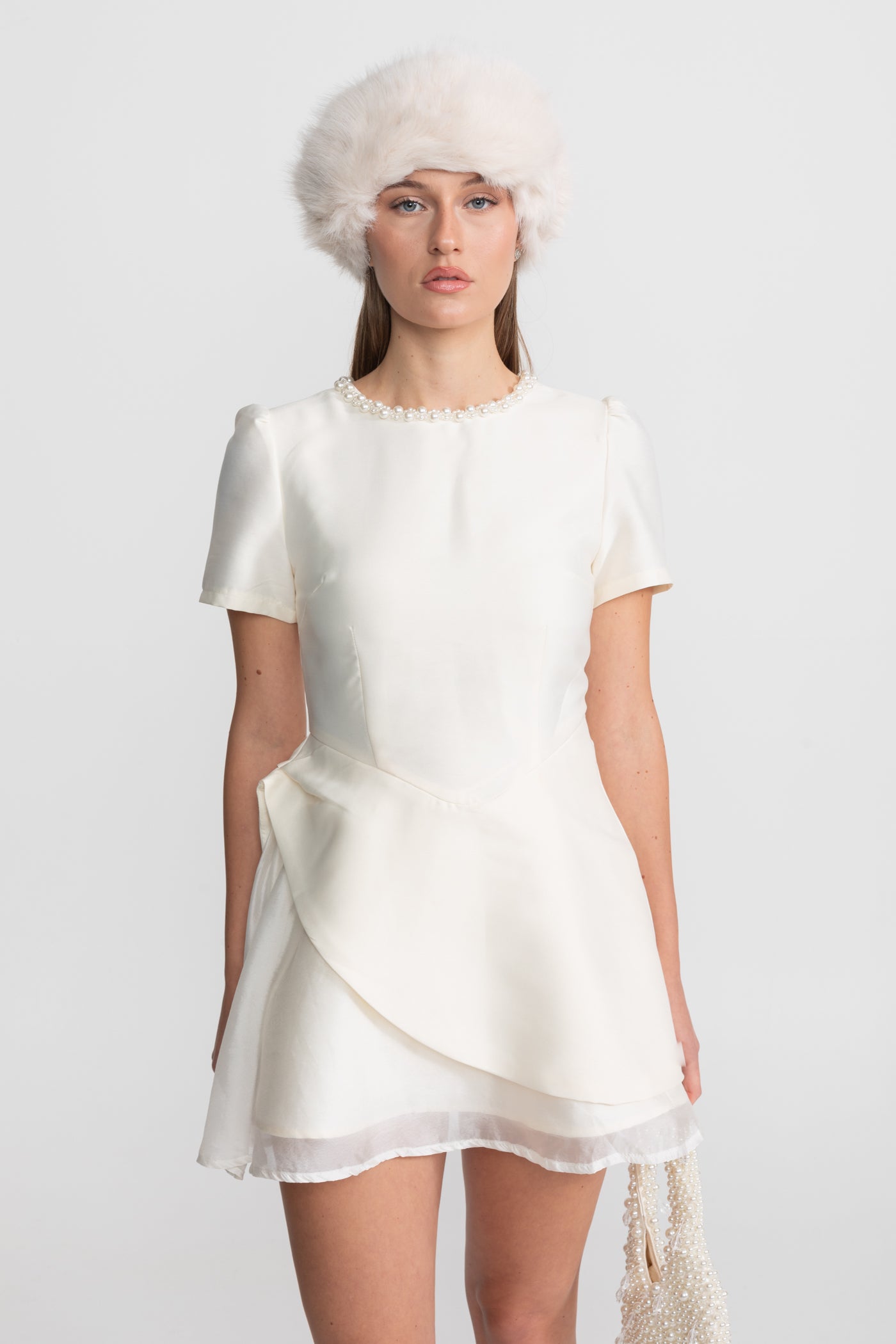 Pearl-Trim Satin Mini Dress - Ivoire