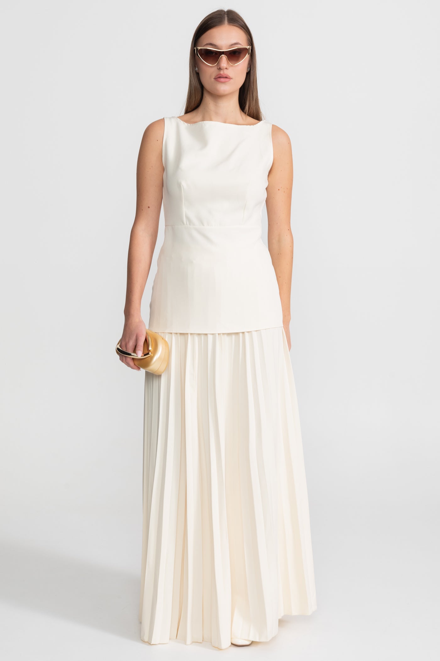 Sleeveless Maxi Co-Ord With Tailored Bodice And Pleated Skirt - Ivoire