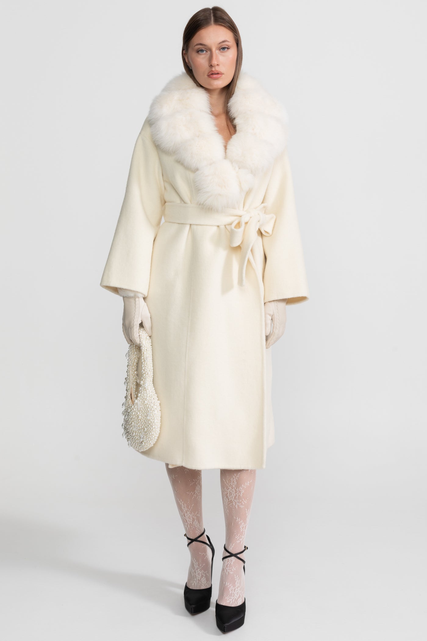 Wool Wrap Coat with Fox Fur Collar And Tie Belt – Ivoire
