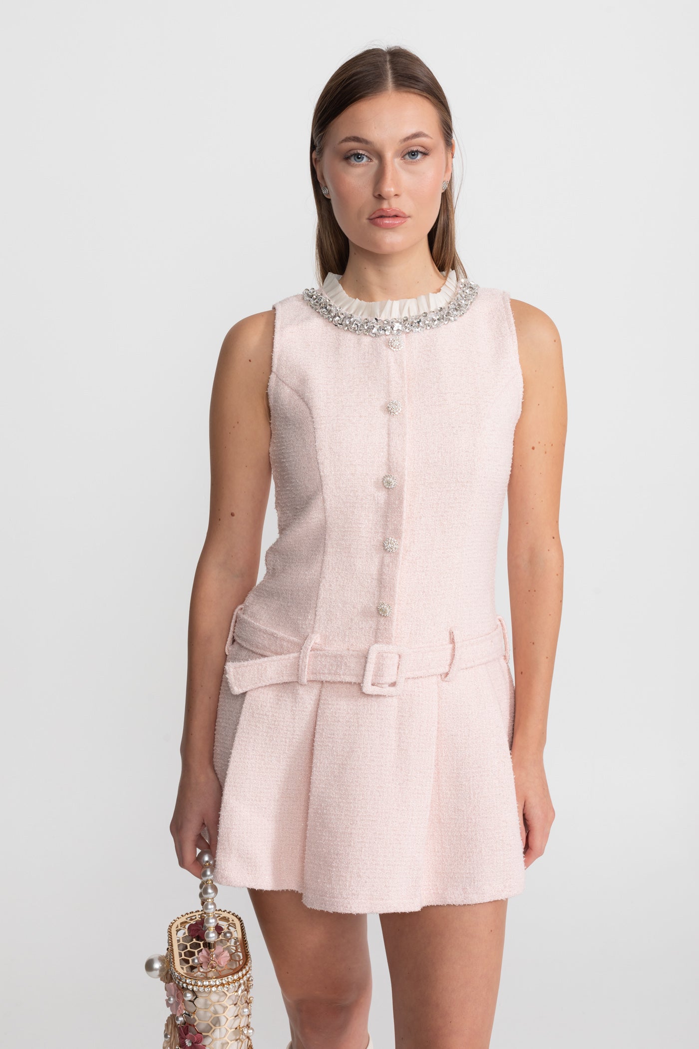 Crystal-Embellished Tweed Mini Dress With Belt – Blush
