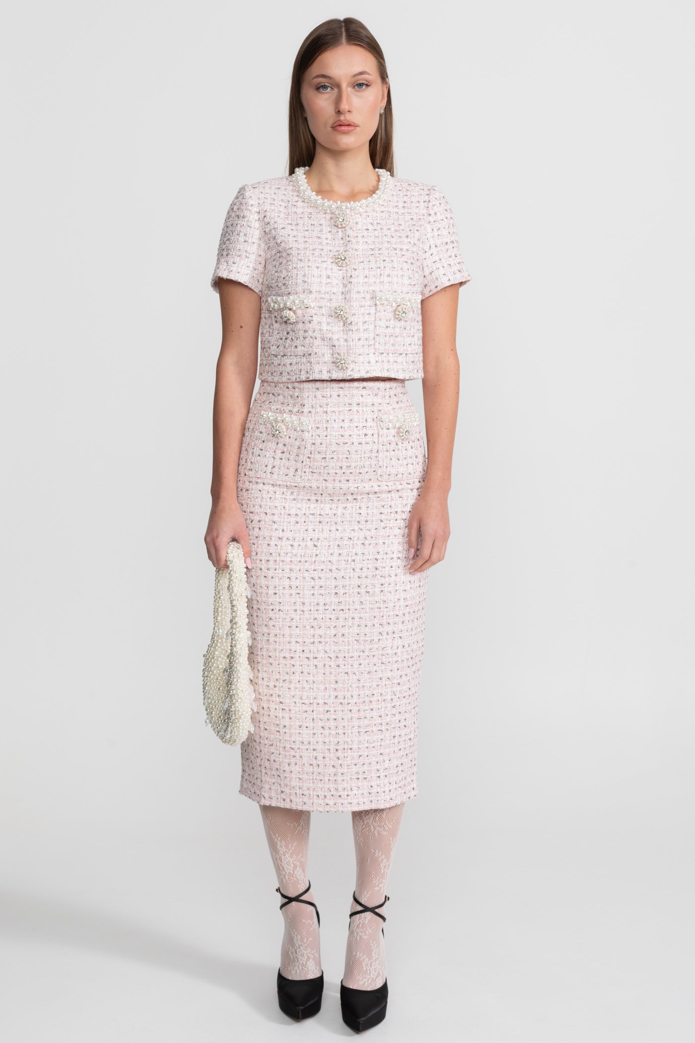 Short Sleeve Pearl-Embellished Top With Sparkling Buttons - Pink