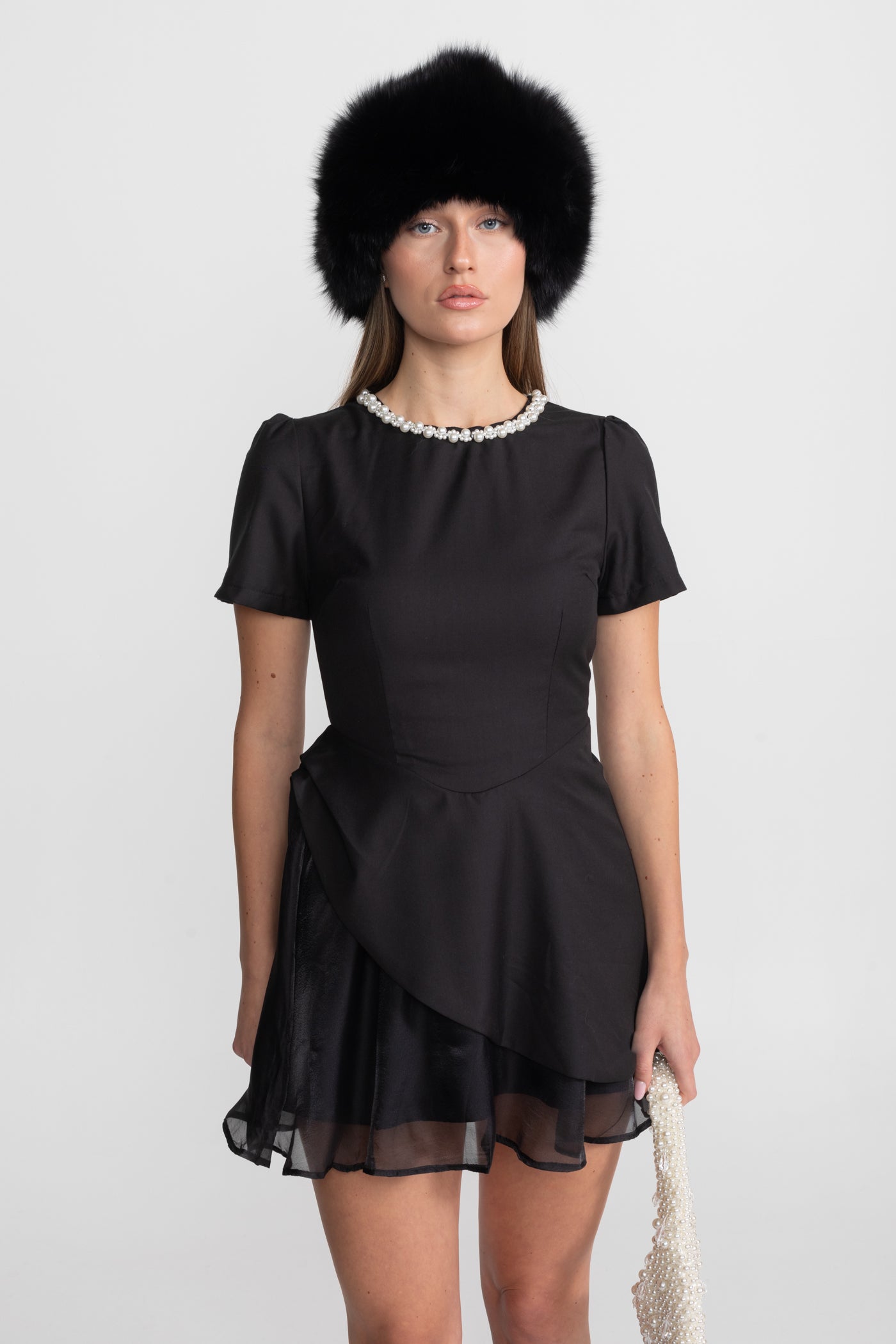 Pearl-Trim Satin Mini Dress - Black