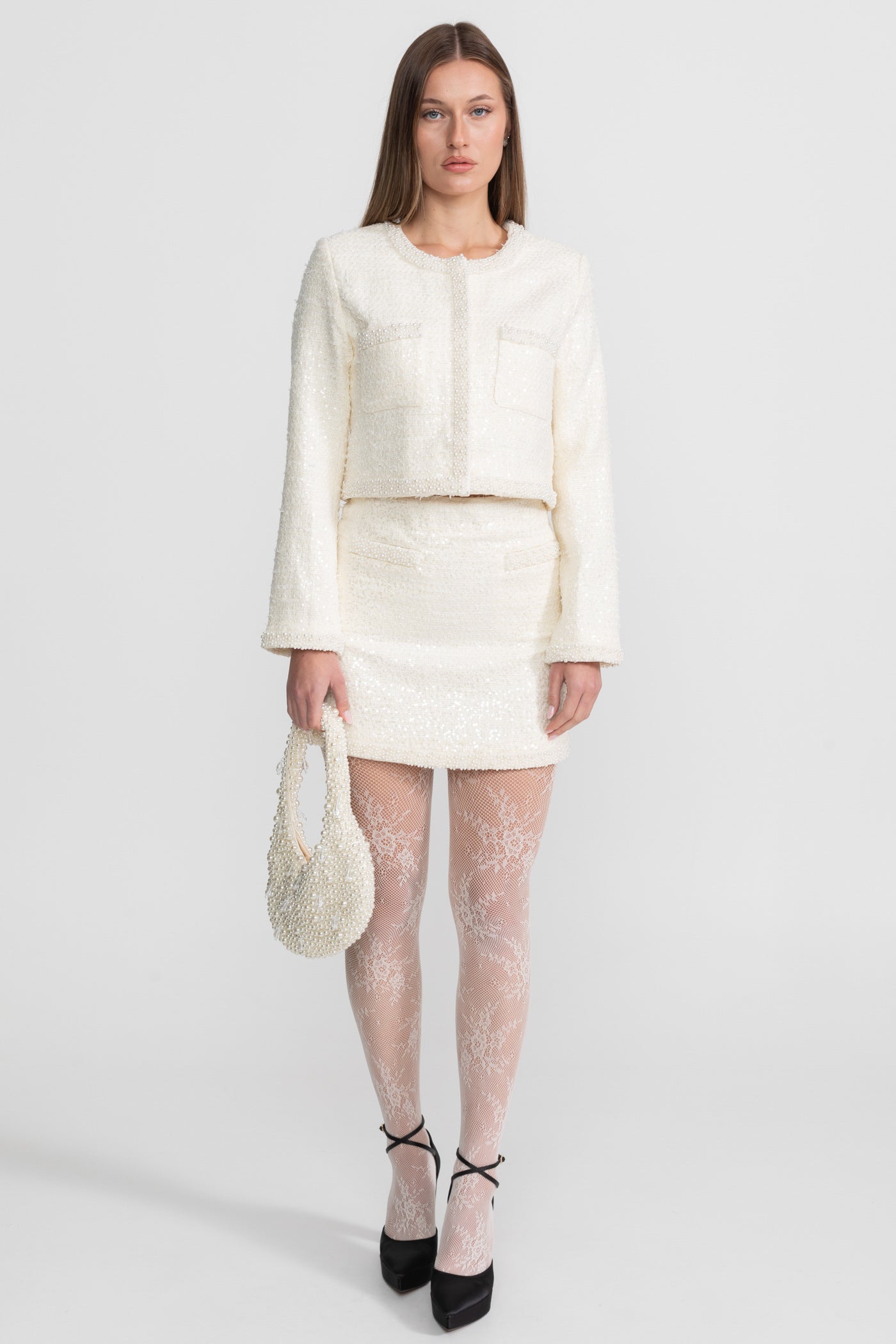 Tweed Blazer With Beaded Trim - Ivoire