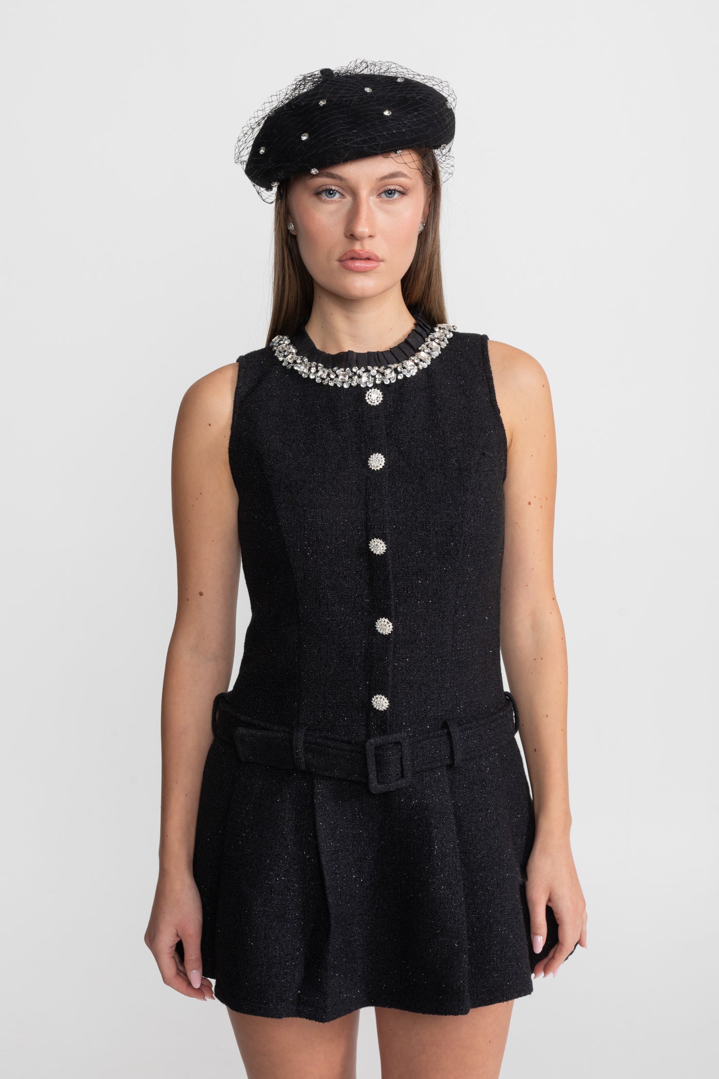 Crystal-Embellished Tweed Mini Dress With Belt – Black