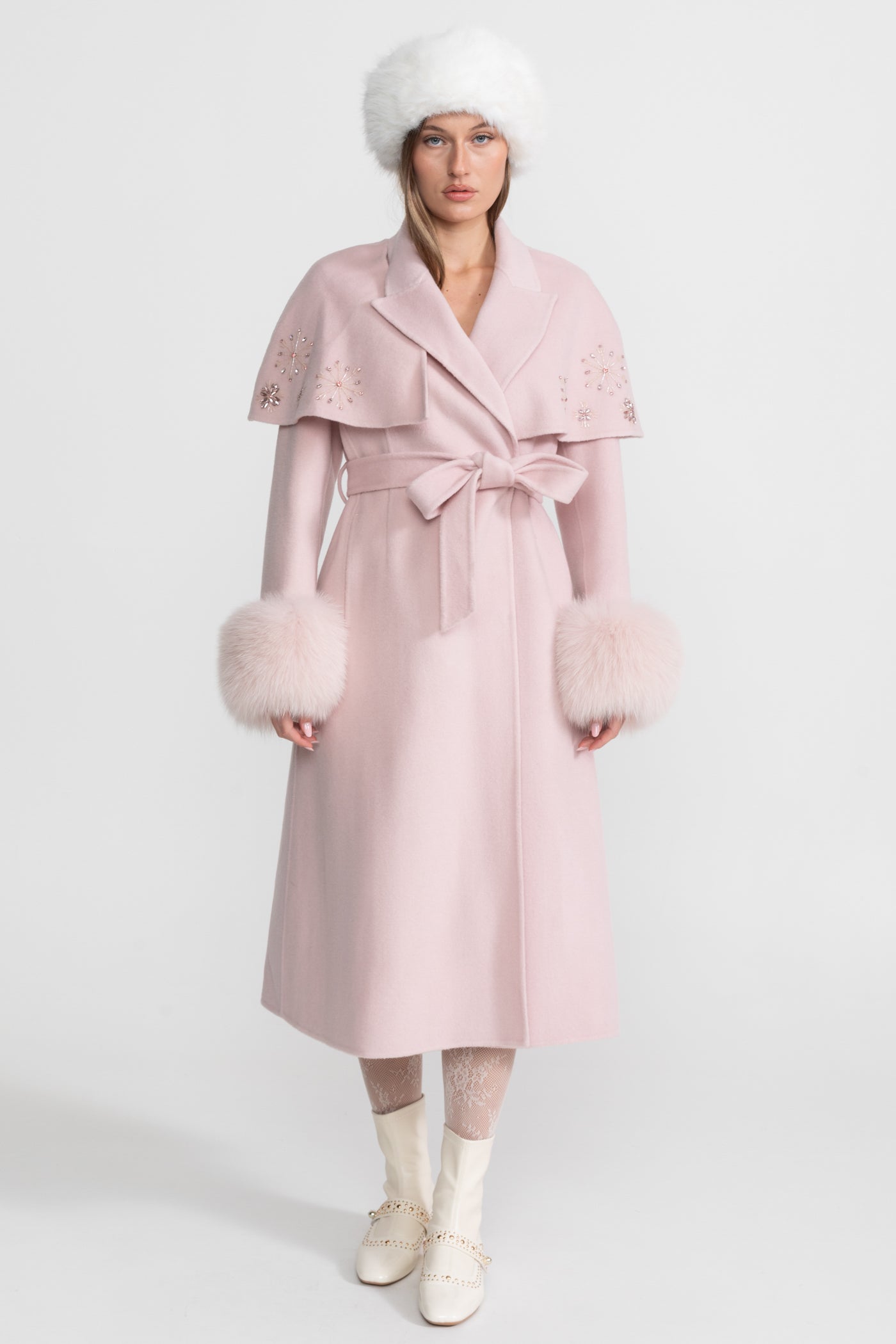 Embellished Wool Coat with Fox Fur Cuffs And Cape Overlay - Pink
