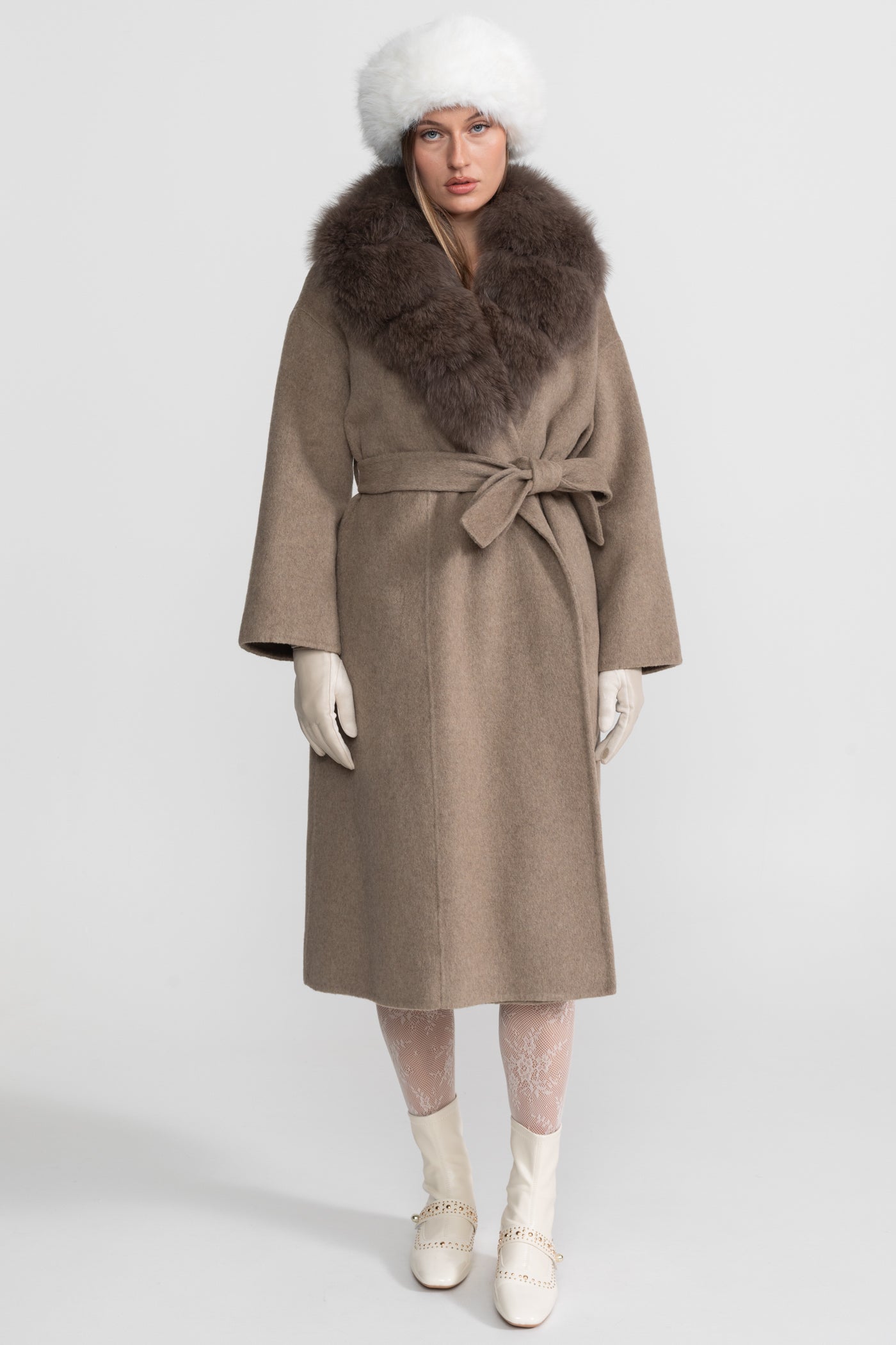 Wool Wrap Coat with Fox Fur Collar And Tie Belt – Khaki