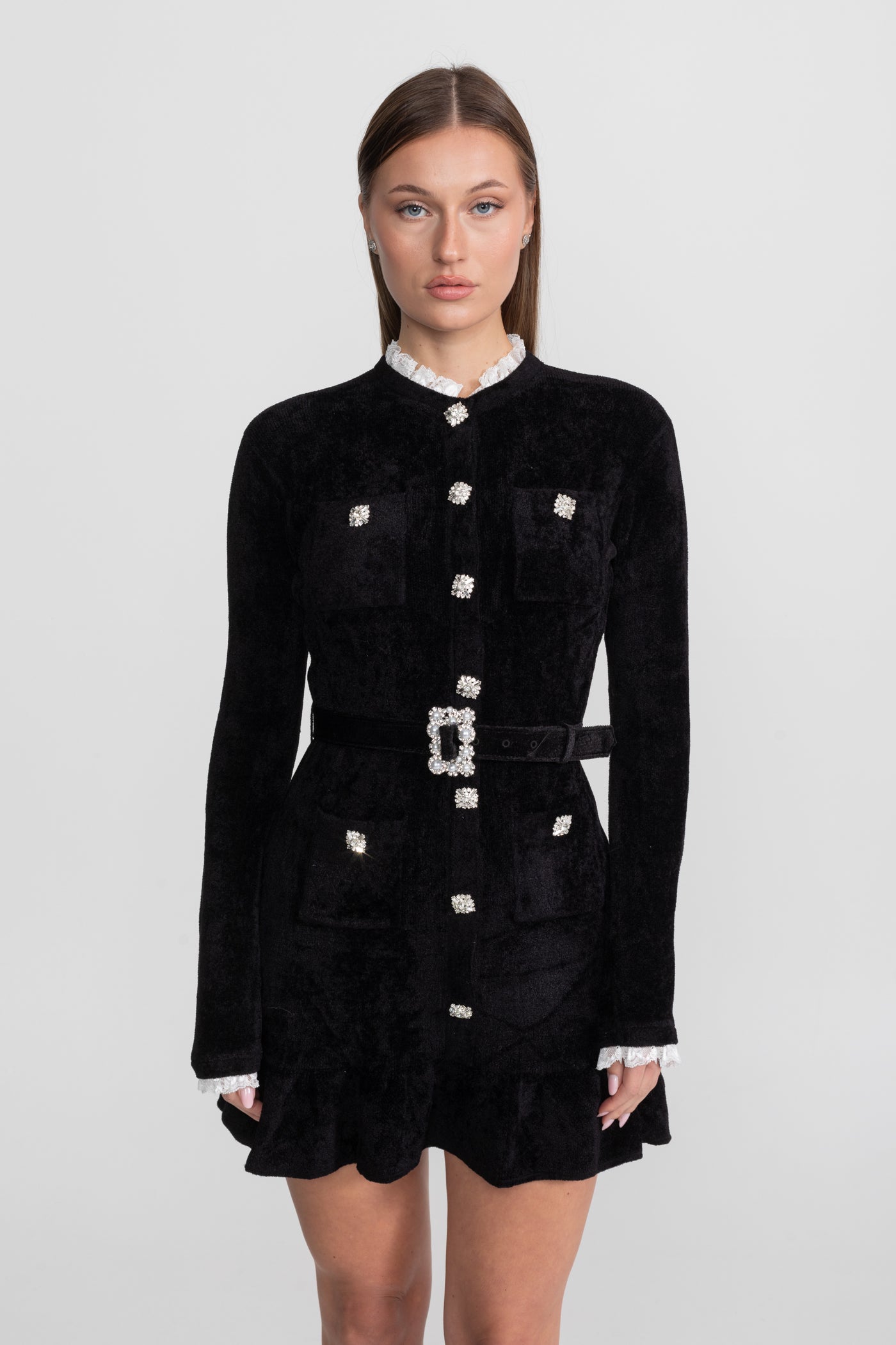 Velvet Crystal-Button Mini Dress With Matching Belt – Black