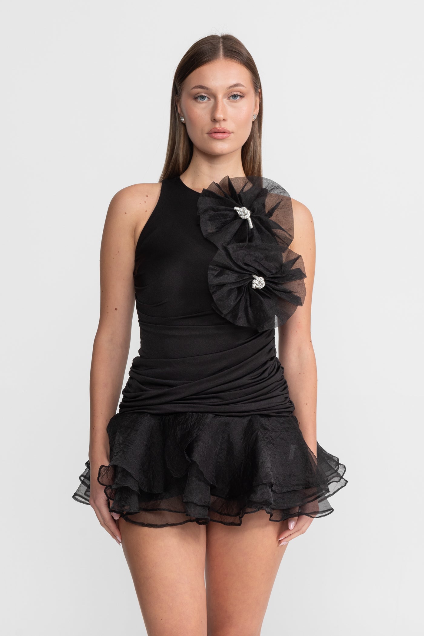 Ruffled Mini Dress with Tulle Appliqué – Black