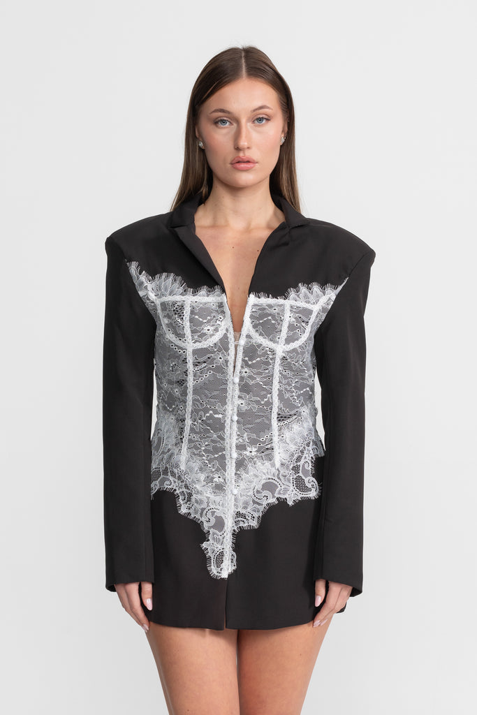 Lace Corset Blazer Dress With Deep V-neckline  – Black