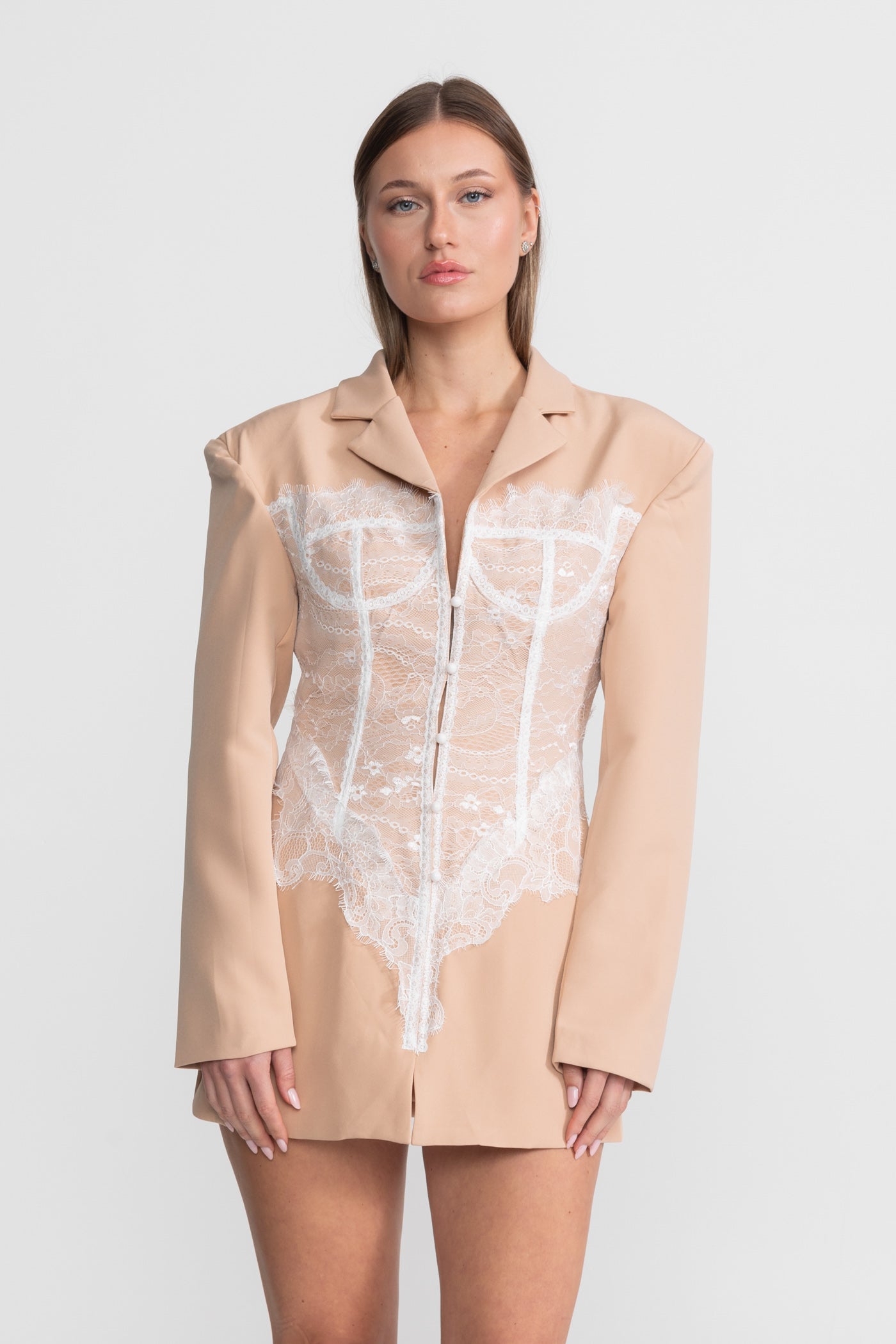 Lace Corset Blazer Dress With Deep V-neckline  – Peach