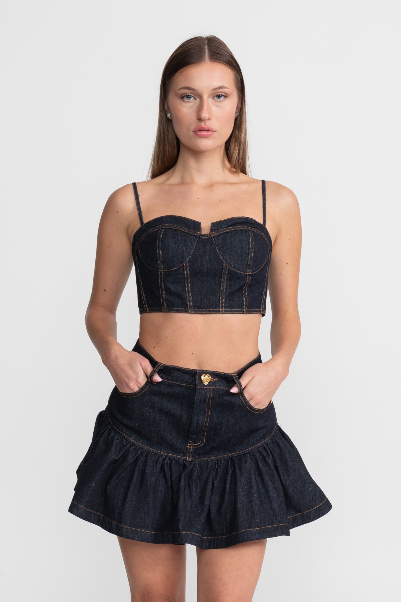 Denim Bustier Co-ord Set With Contrasting Stitching – Indigo