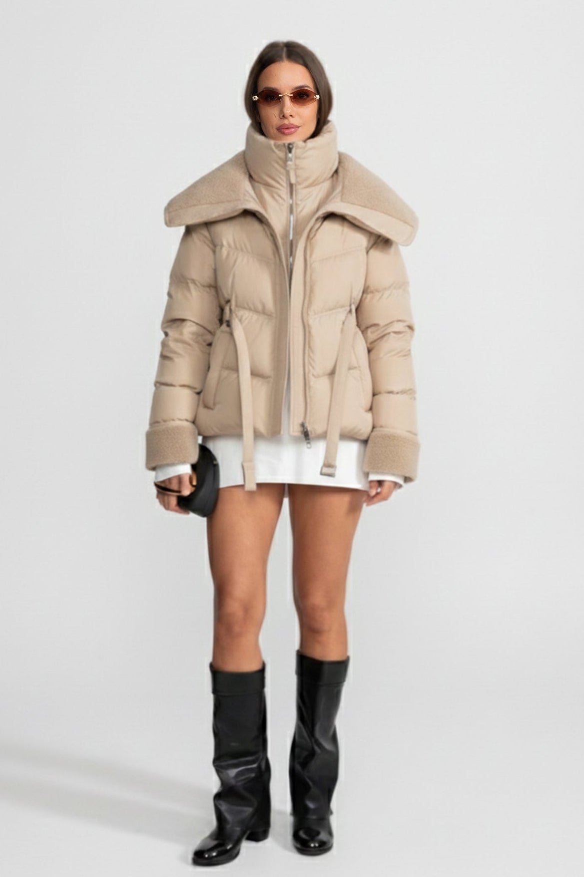 Puffer Jacket with Oversized Shearling Collar And Cuffs - Khaki