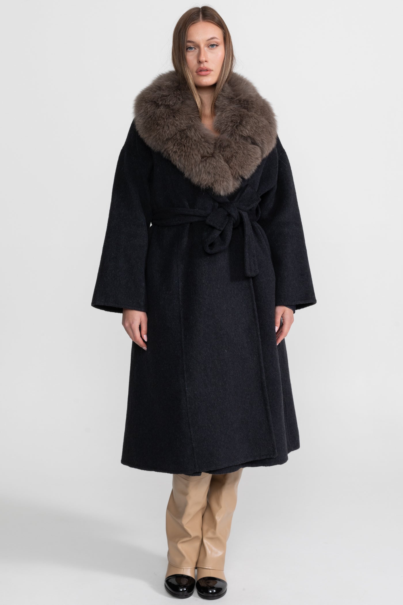 Wool Wrap Coat with Fox Fur Collar And Tie Belt – Black/Brown